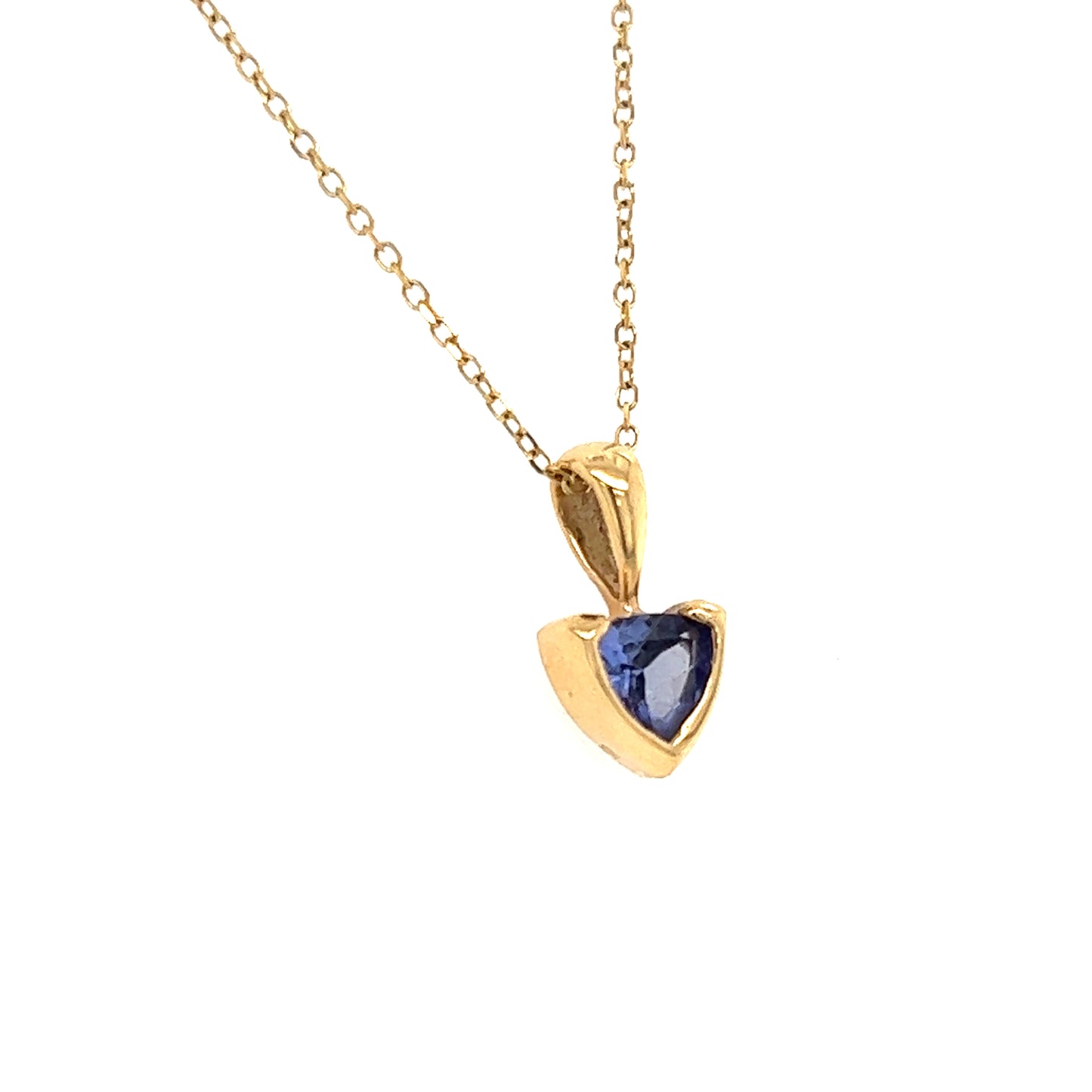 Trillion Tanzanite Pendant in 14K Yellow Gold Left Side with Cable Chain View