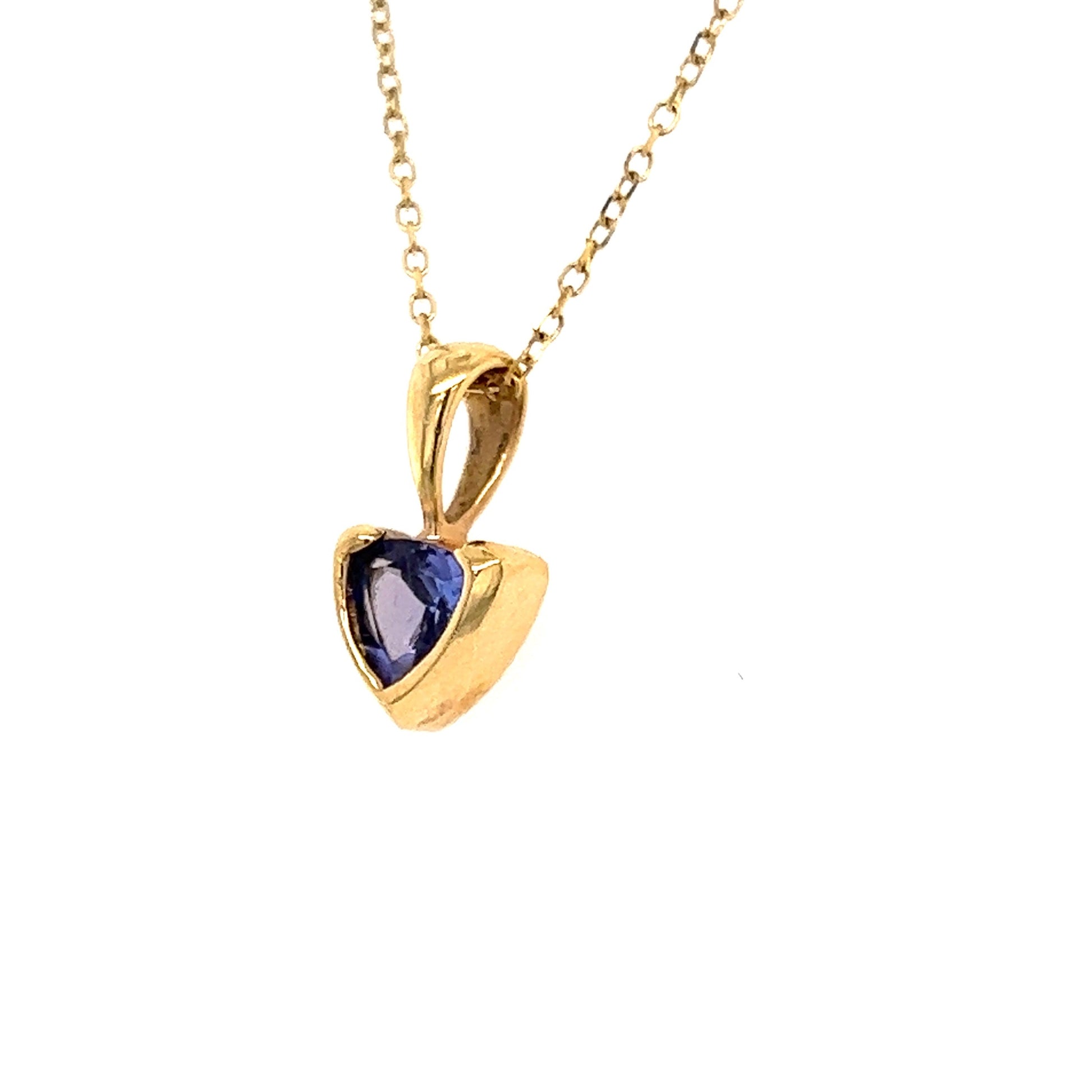 Trillion Tanzanite Pendant in 14K Yellow Gold Right Side with Cable Chain View 