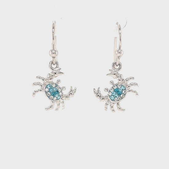 Blue Crab Dangle Earrings with Aqua and White Crystals in Sterling Silver Video