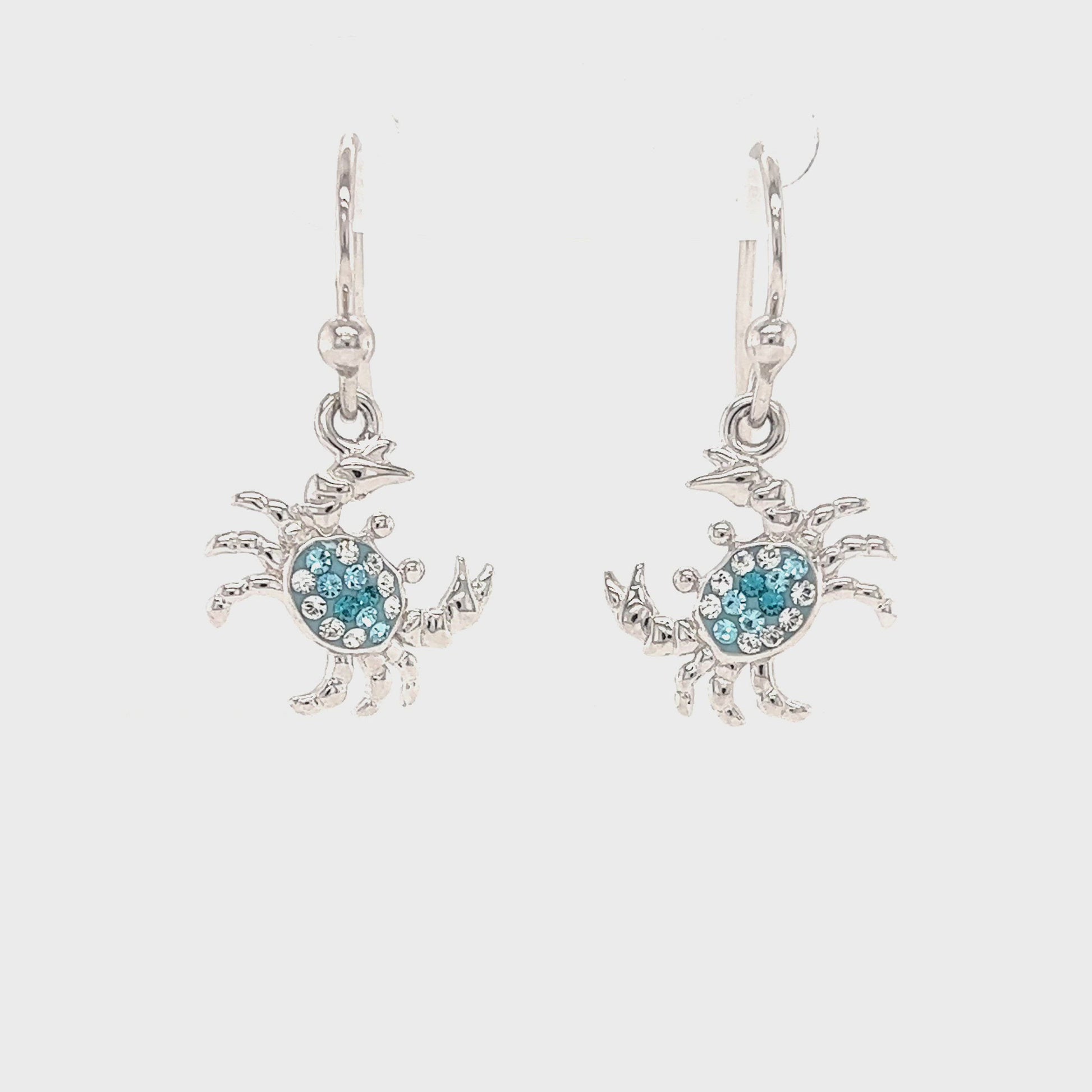Blue Crab Dangle Earrings with Aqua and White Crystals in Sterling Silver Video