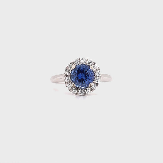 Round Sapphire Ring with Diamond Halo in 14K White Gold Video 