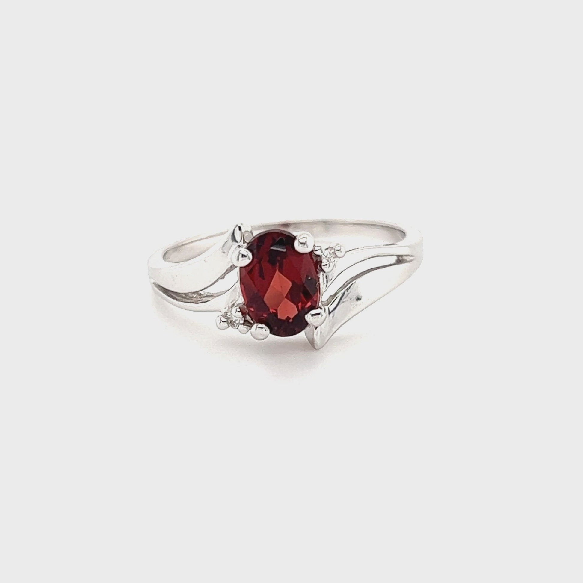 Bypass Oval Garnet Ring with Two Side Diamonds in 14K White Gold Video