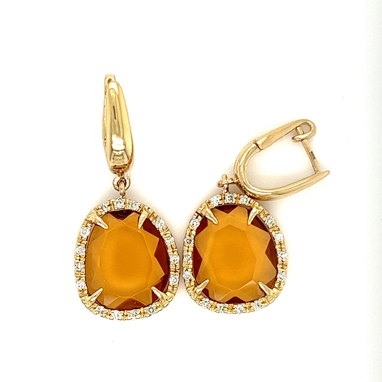 Citrine Dangle Earrings in 14K Yellow Gold Top View and Clasp side view