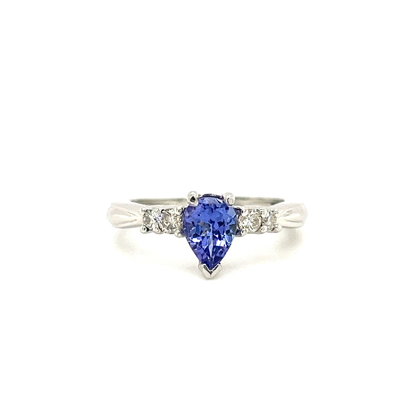Pear Tanzanite Ring with Four Side Diamonds in Platinum Front View