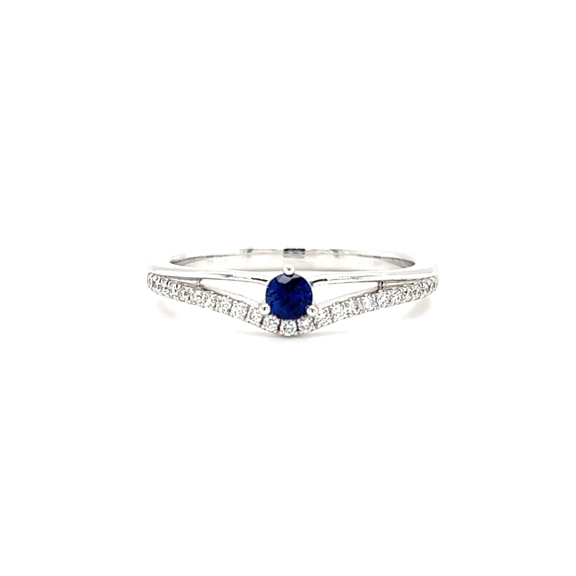 Round Sapphire ring with Twenty-Five Side Diamonds in 14K White Gold Front View