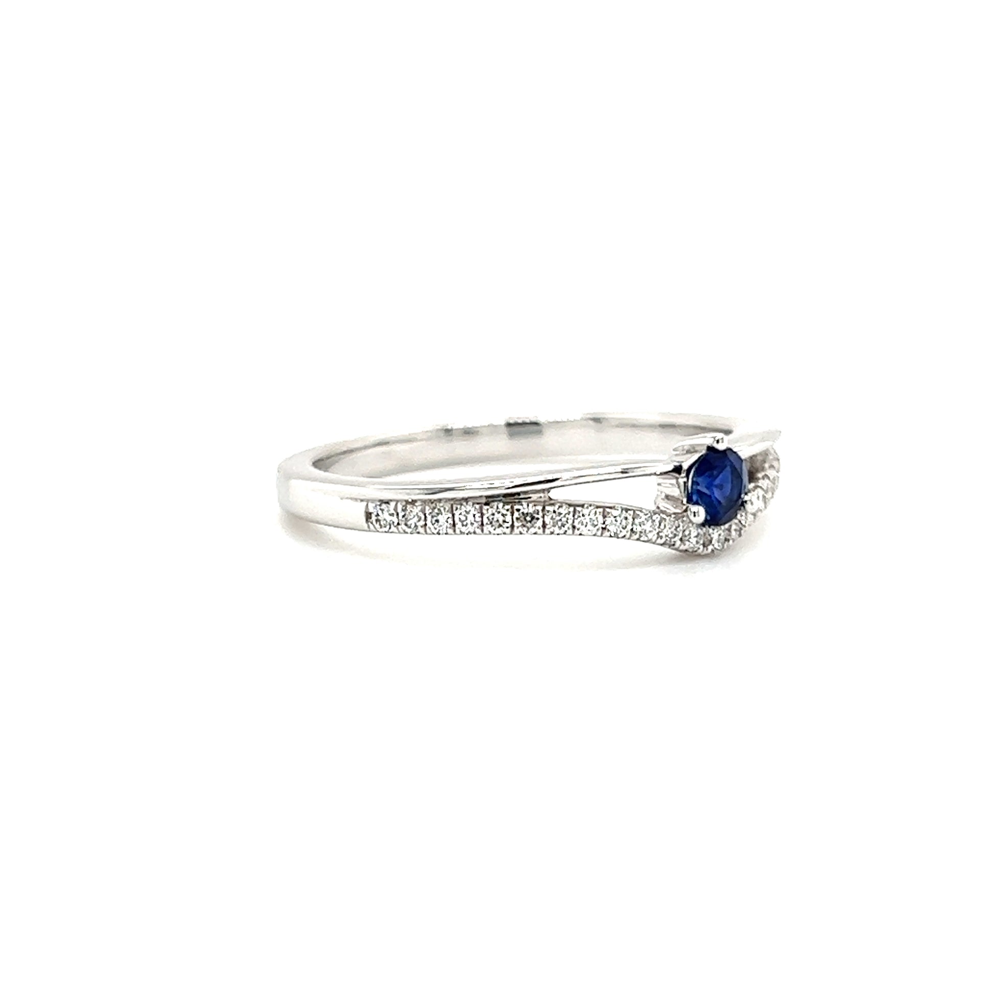 Round Sapphire ring with Twenty-Five Side Diamonds in 14K White Gold Right Side View