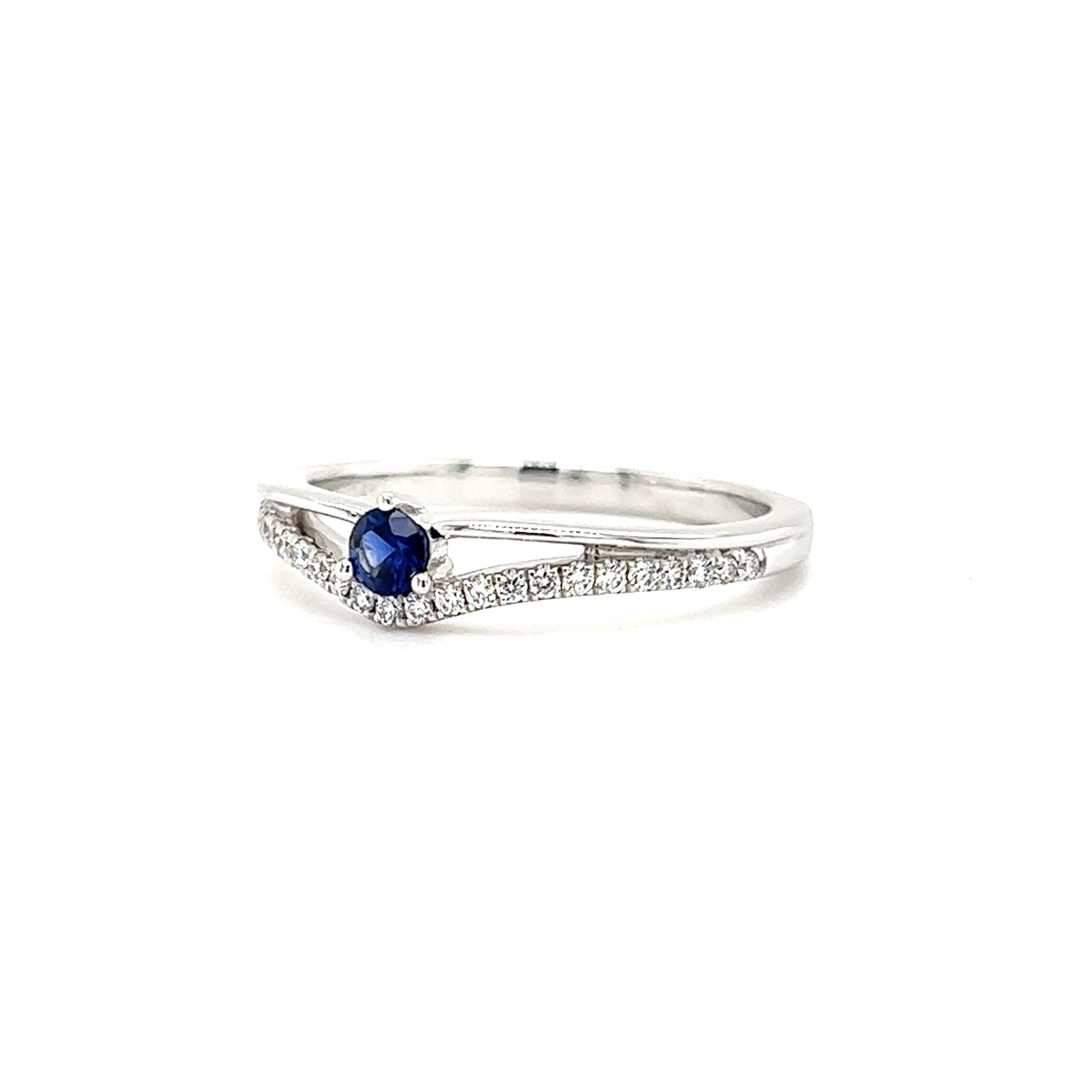 Round Sapphire ring with Twenty-Five Side Diamonds in 14K White Gold Left Side View
