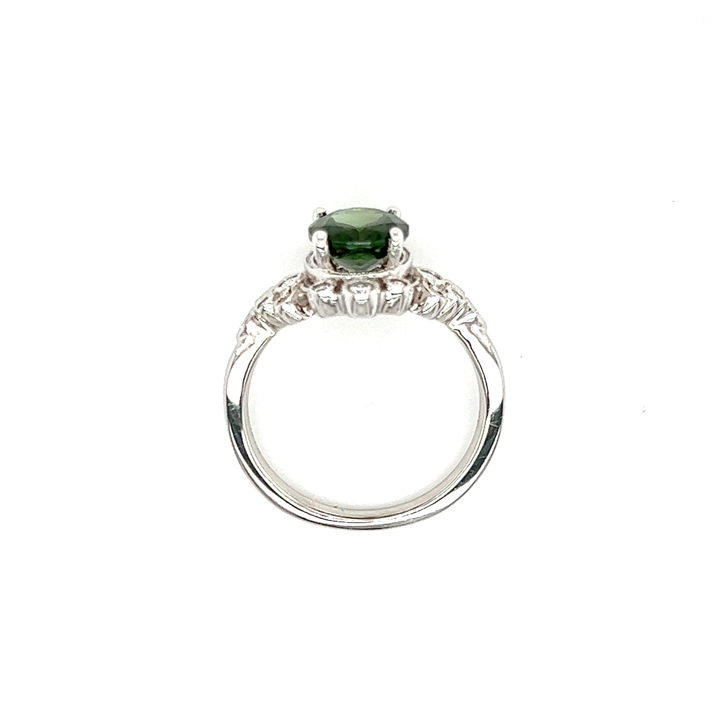 Vintage Green Tourmaline Ring with Side Diamonds in 14K White Gold Top View