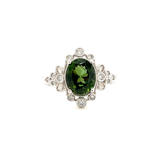 Vintage Green Tourmaline Ring with Side Diamonds in 14K White Gold Front View