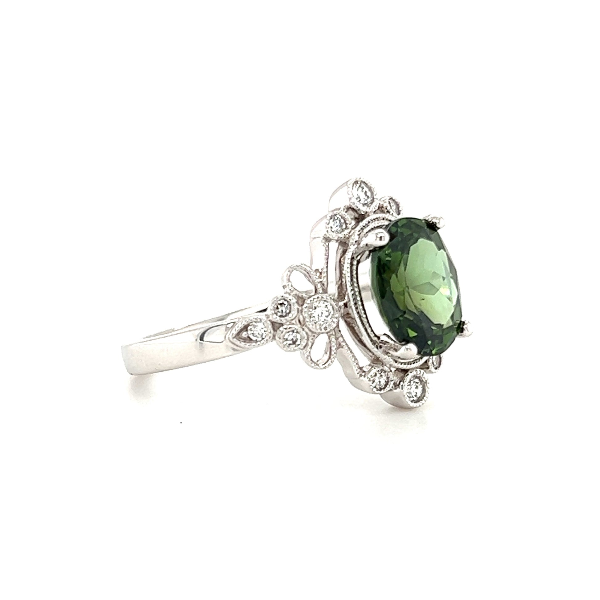 Vintage Green Tourmaline Ring with Side Diamonds in 14K White Gold Right Side View