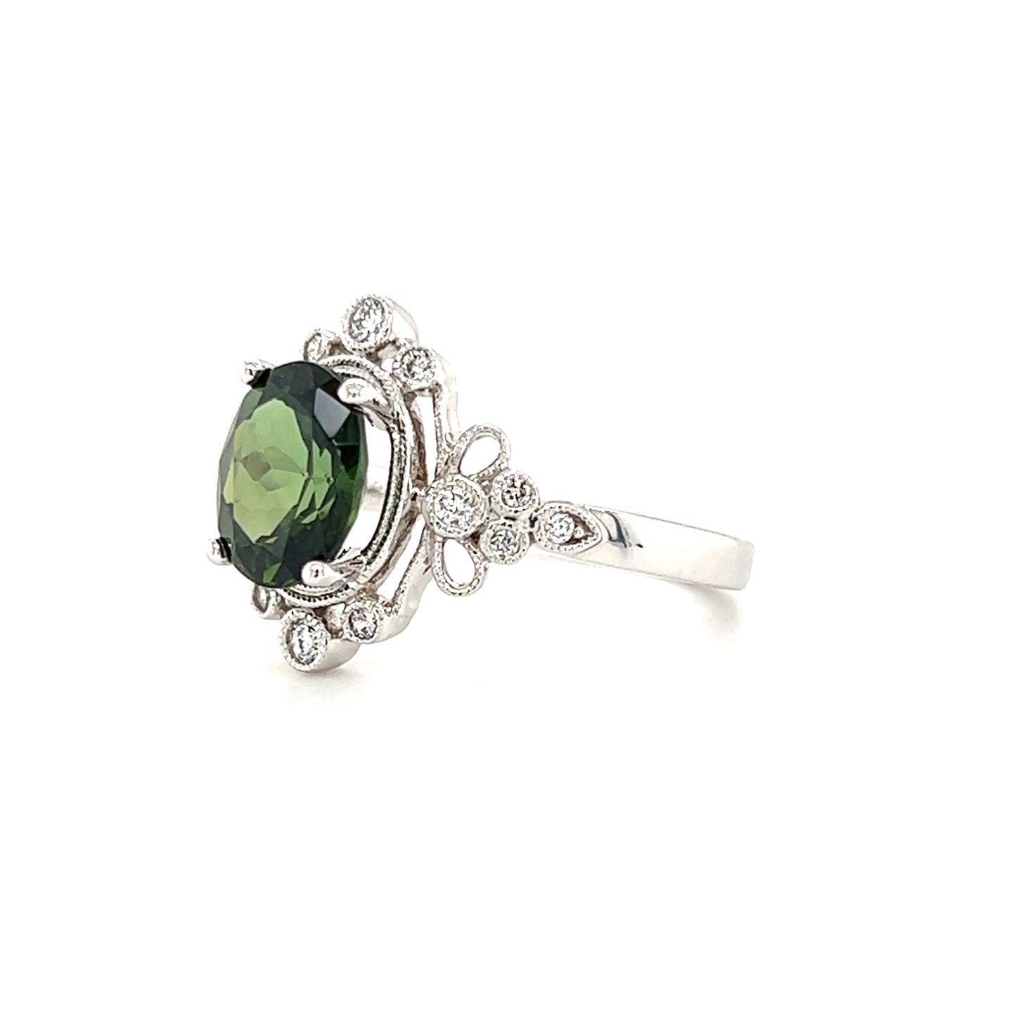 Vintage Green Tourmaline Ring with Side Diamonds in 14K White Gold Left Side View