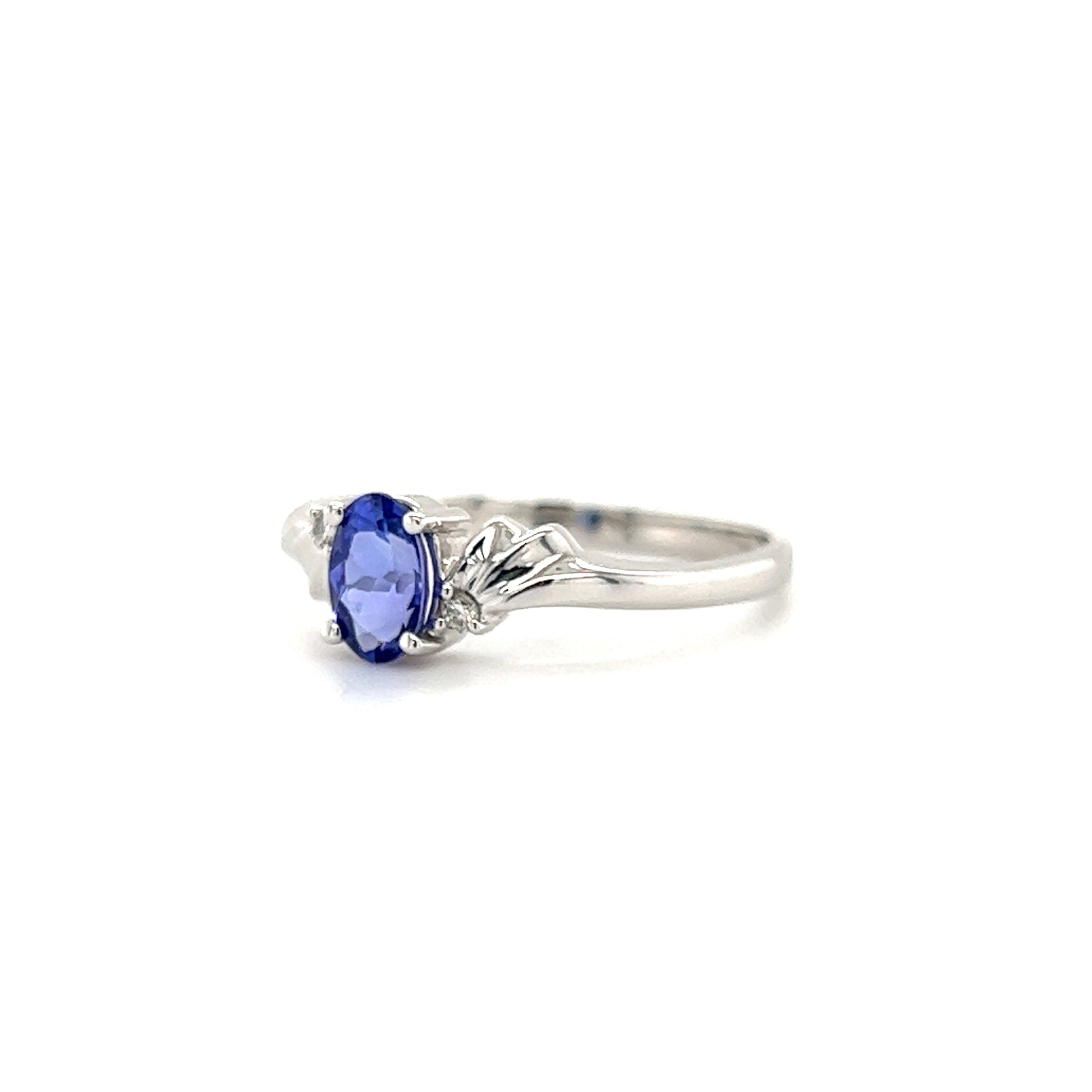 Oval Tanzanite Ring with Two Side Diamonds in 14K White Gold Left Side View
