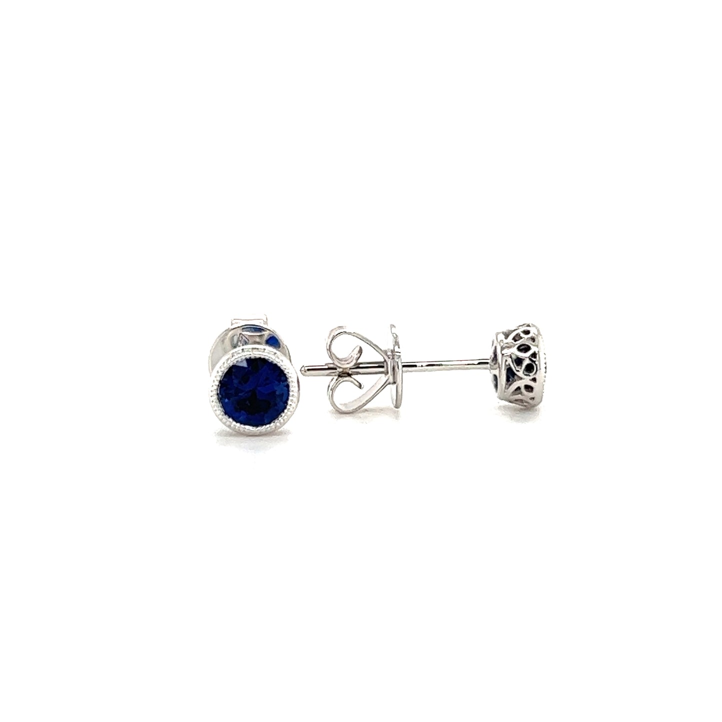 Round Sapphire Stud Earrings with Filigree and Milgrain in 14K White Gold Front and Side View