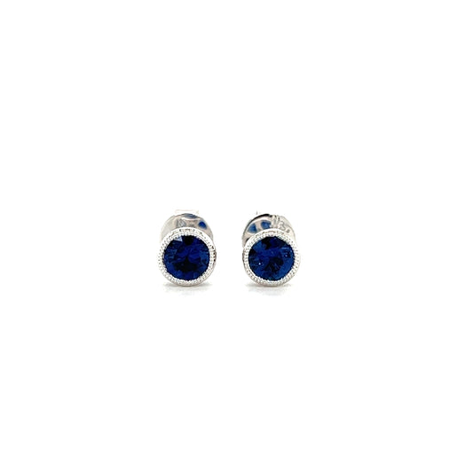 Round Sapphire Stud Earrings with Filigree and Milgrain in 14K White Gold Front  View