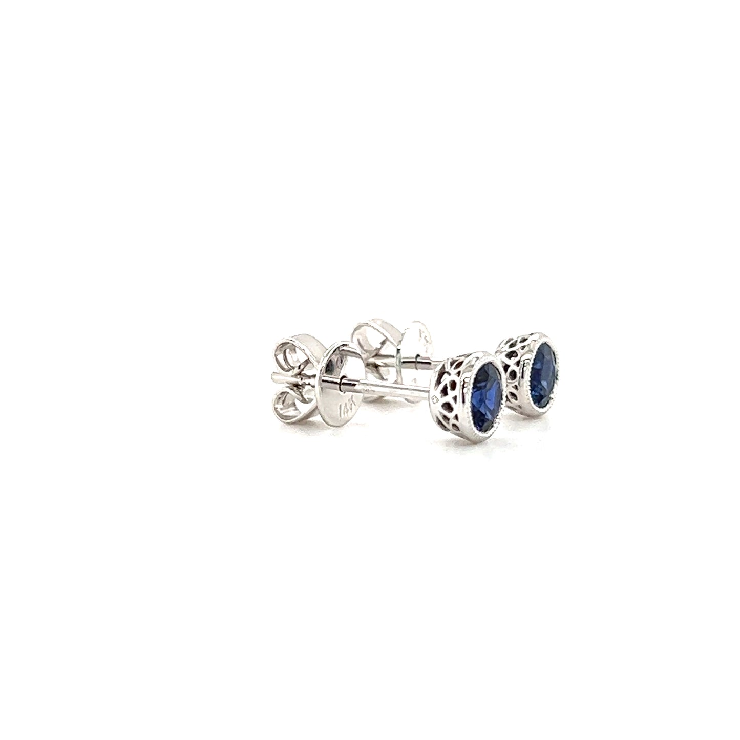 Round Sapphire Stud Earrings with Filigree and Milgrain in 14K White Gold Right Side View