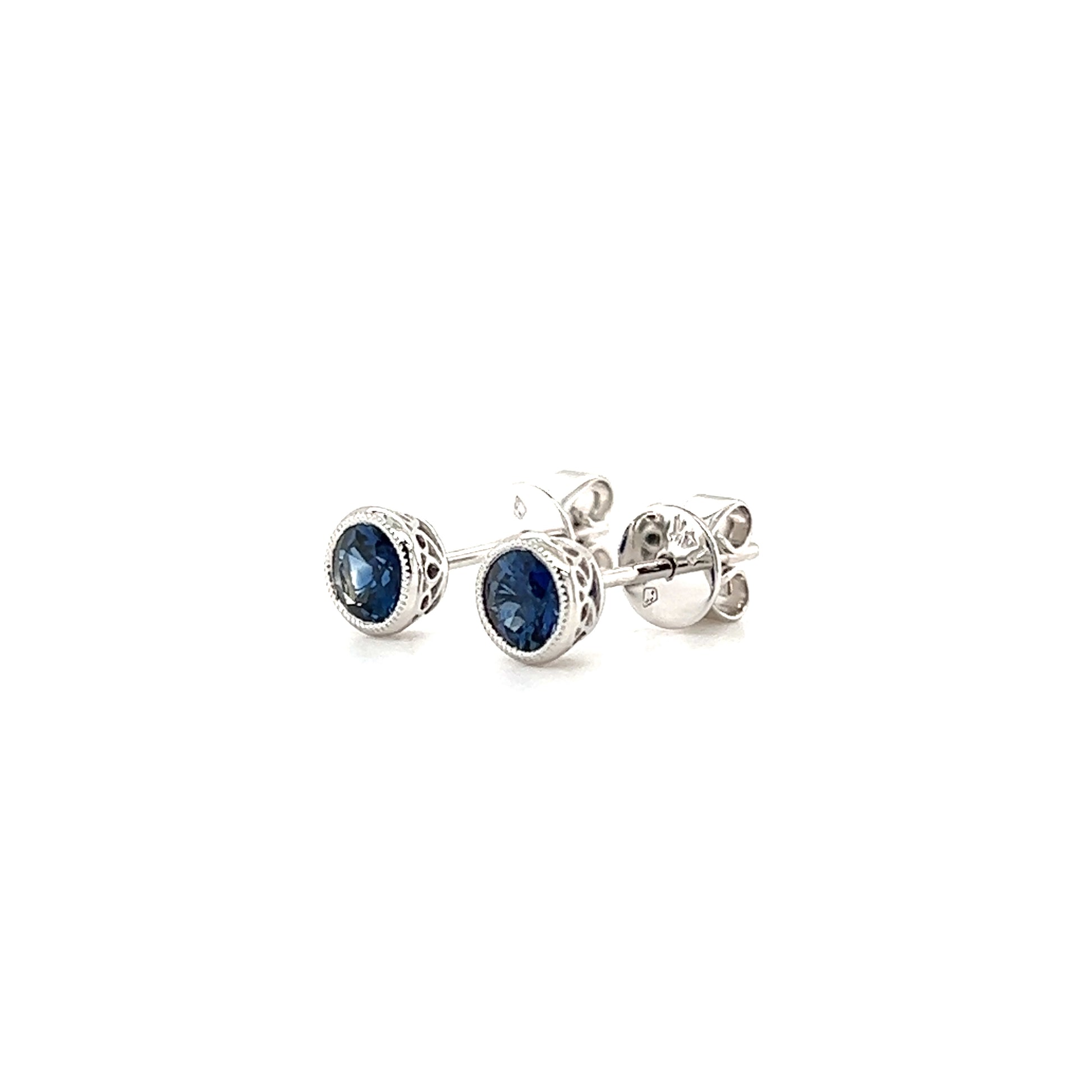 Round Sapphire Stud Earrings with Filigree and Milgrain in 14K White Gold Left Side View