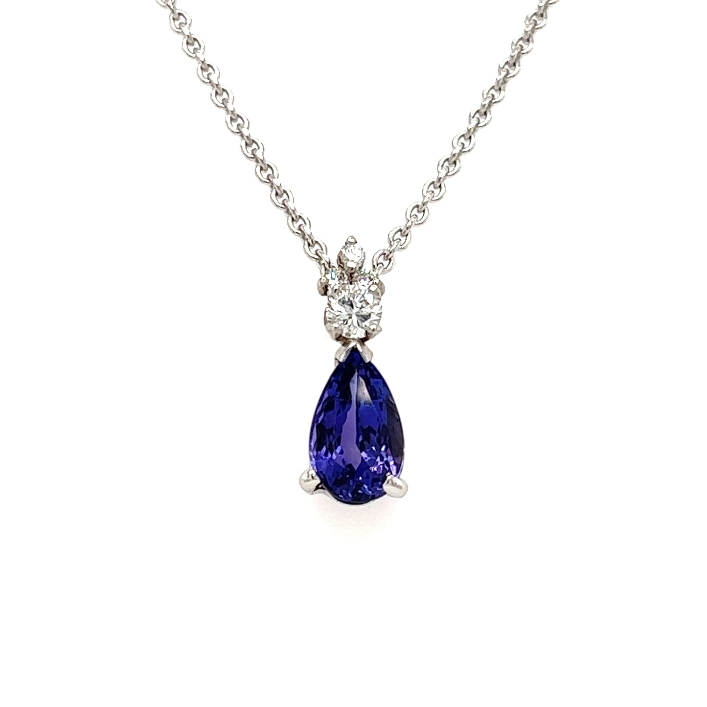 Pear Tanzanite Pendant with Four Diamonds in Platinum and 14K White Gold Pendant and Chain Front View