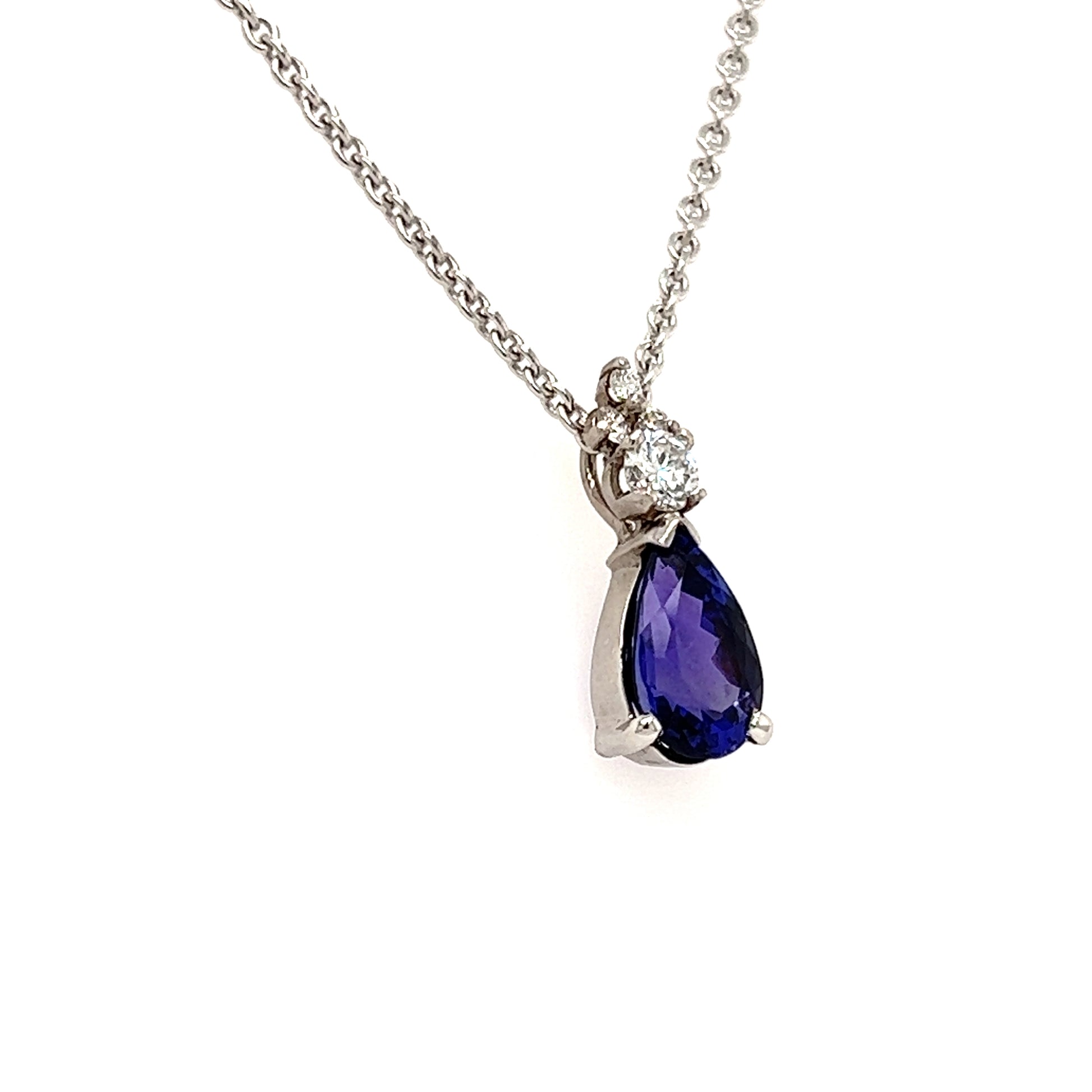 Pear Tanzanite Pendant with Four Diamonds in Platinum and 14K White Gold Pendant and Chain Right Side