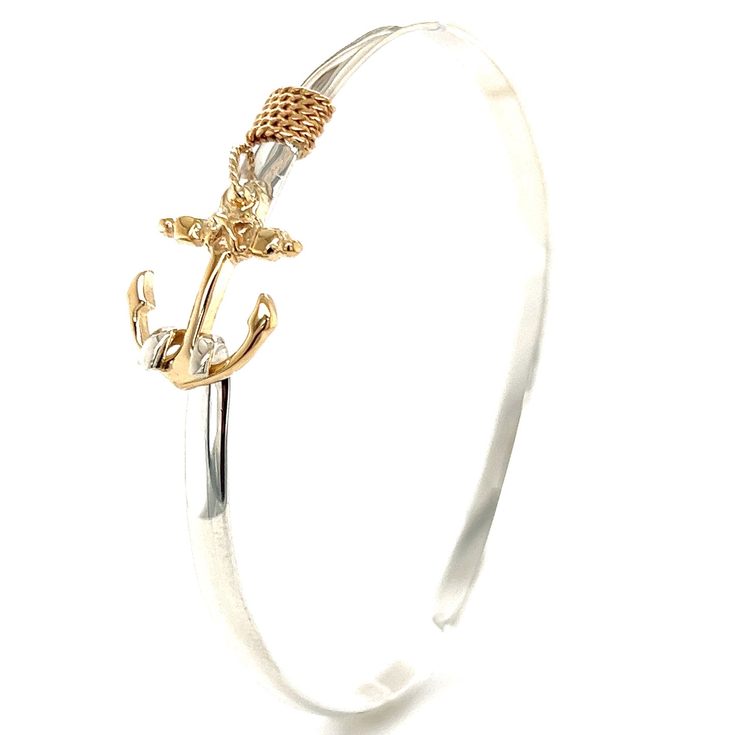 Flat 4mm Bangle Bracelet with 14K Yellow Gold Anchor and Wrap in Sterling Silver Left Side View