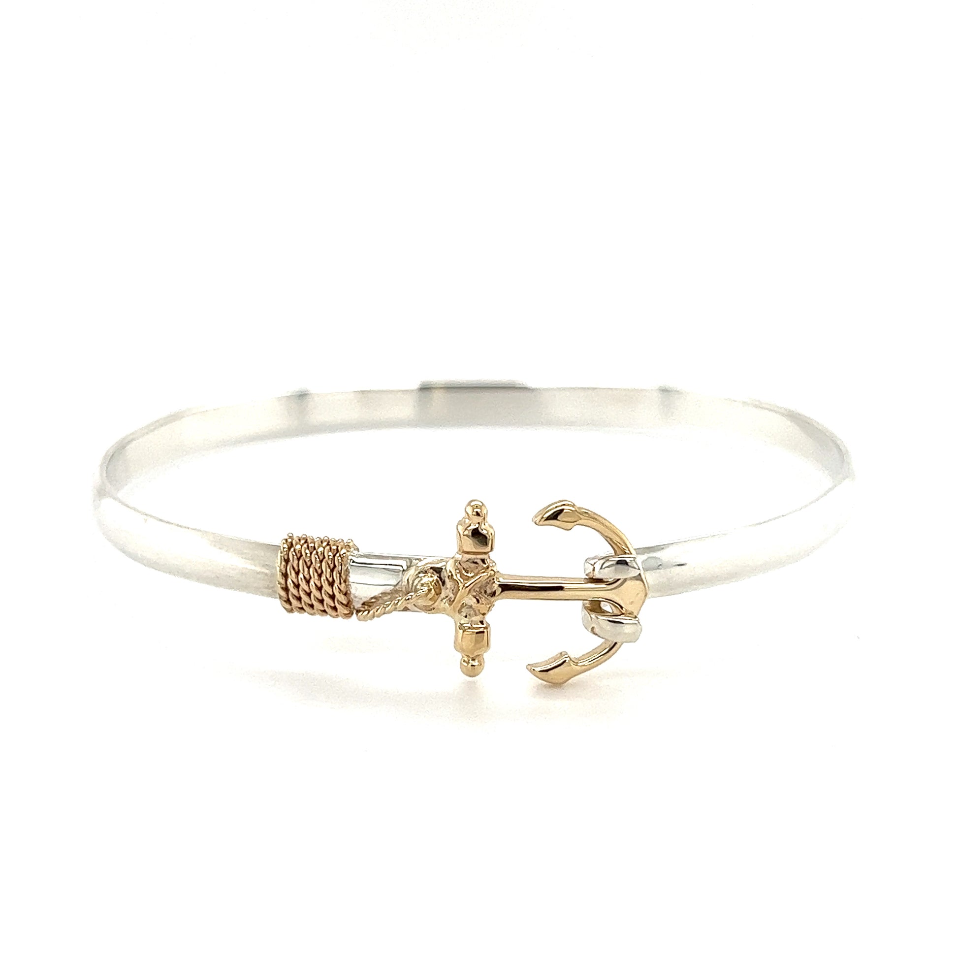Flat 4mm Bangle Bracelet with 14K Yellow Gold Anchor and Wrap in Sterling Silver Flat Front View
