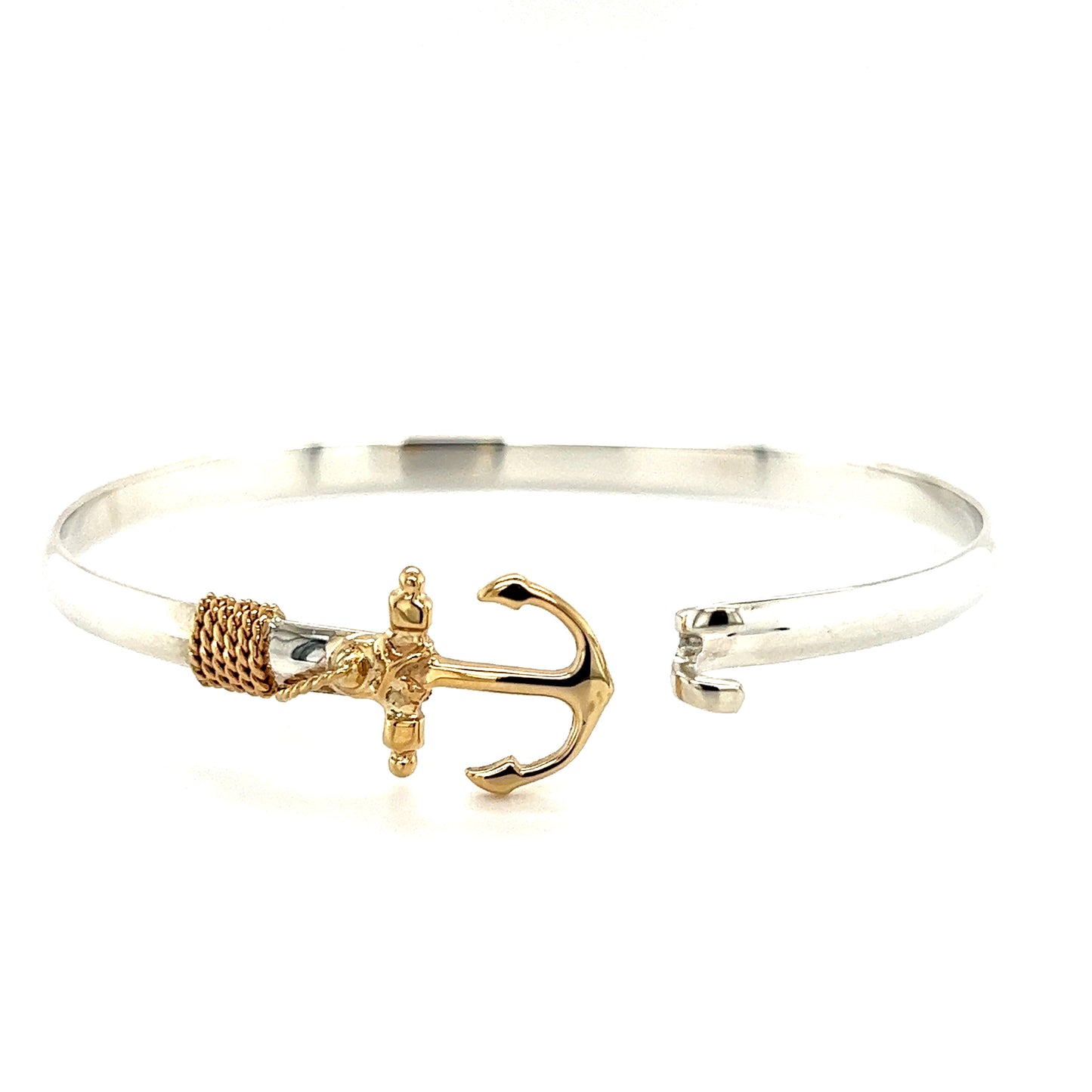 Flat 4mm Bangle Bracelet with 14K Yellow Gold Anchor and Wrap in Sterling Silver Flat Front View withOpen Clasp