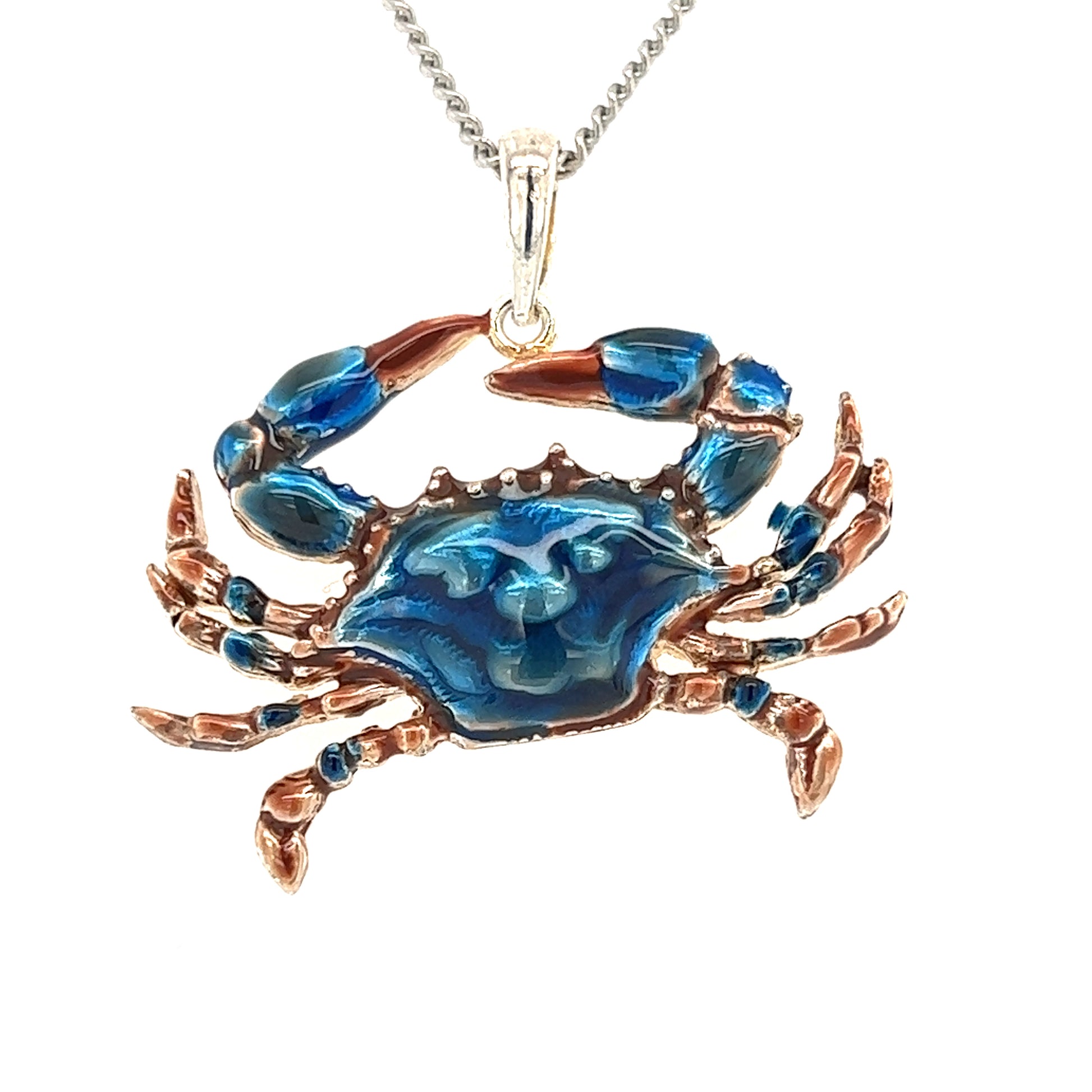 Blue Crab Large Pendant with Enamel in Sterling Silver Pendant and Chain Front View