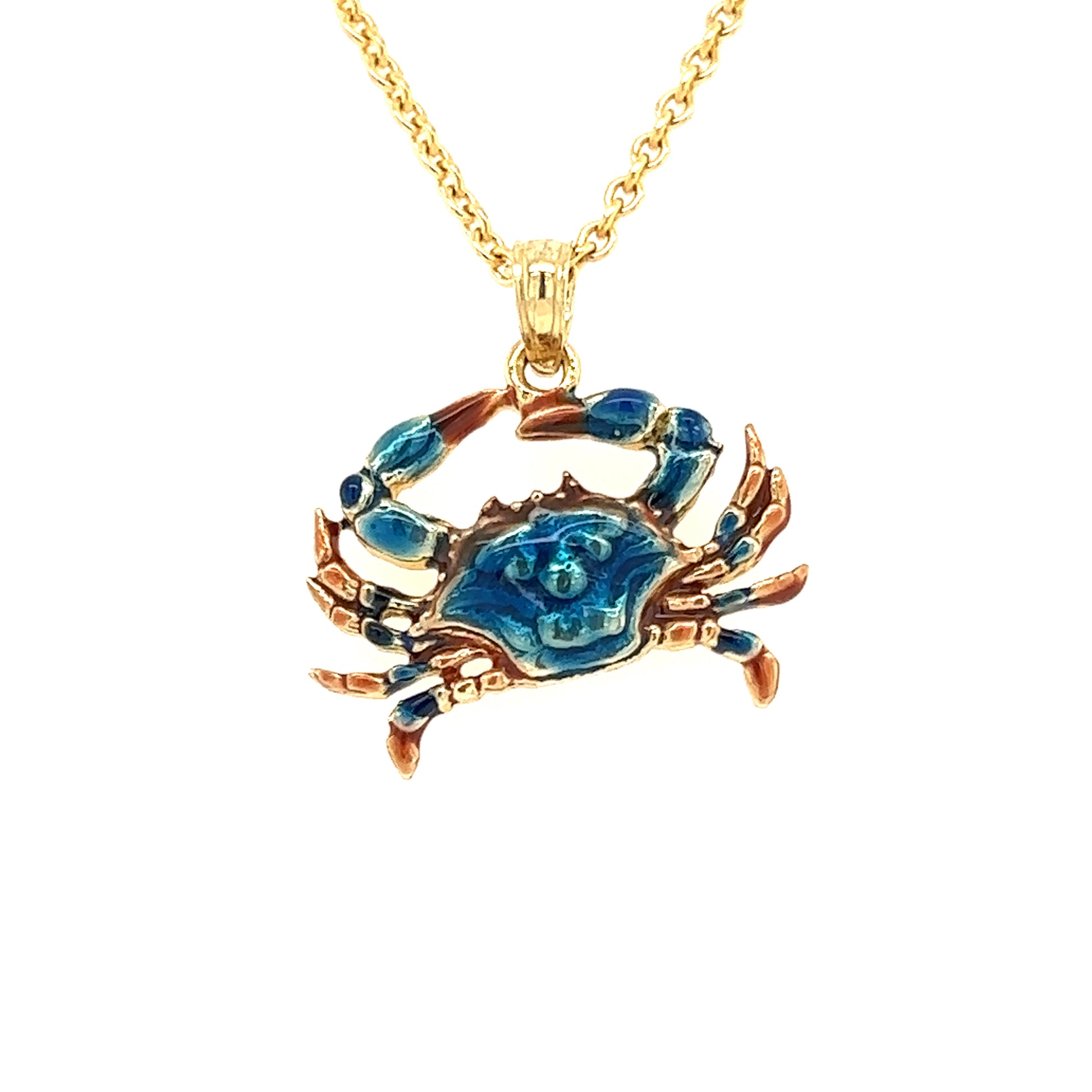 Blue Crab Small Pendant with Enamel in 14K Yellow Gold Pendant and Chain Front View