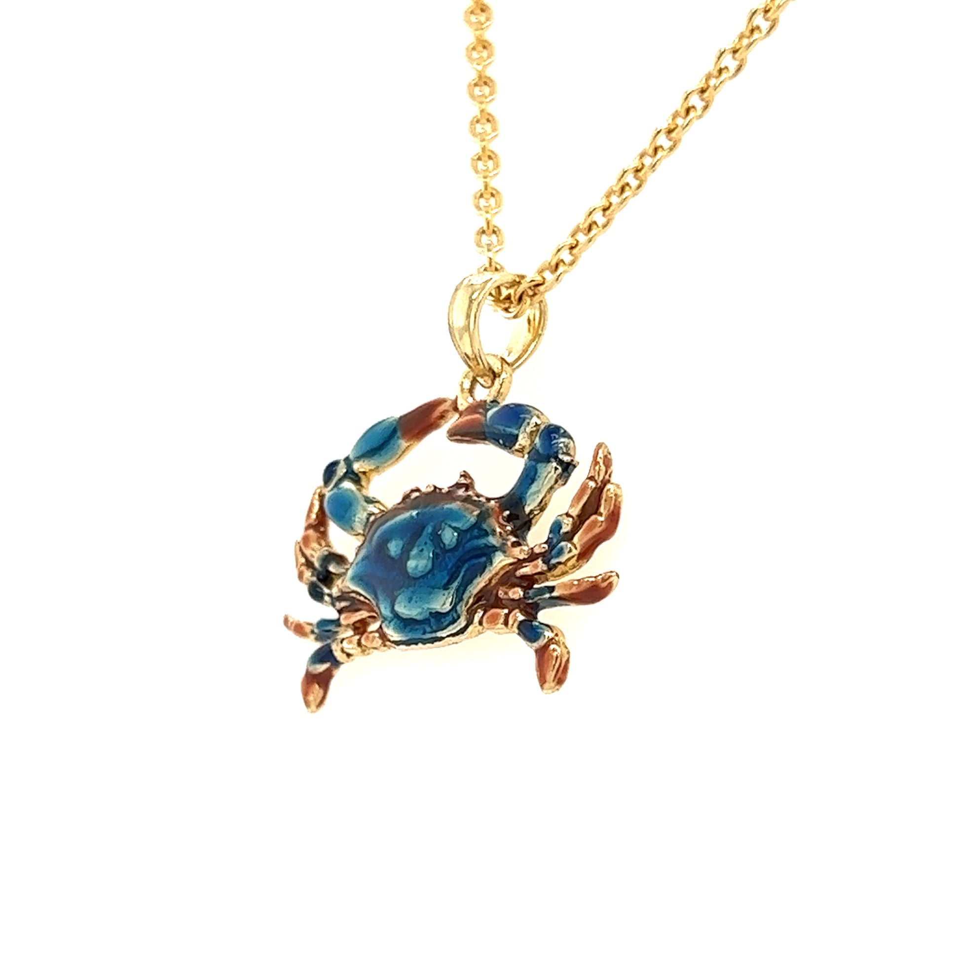 Blue Crab Small Pendant with Enamel in 14K Yellow Gold Pendant and Chain Right Side View