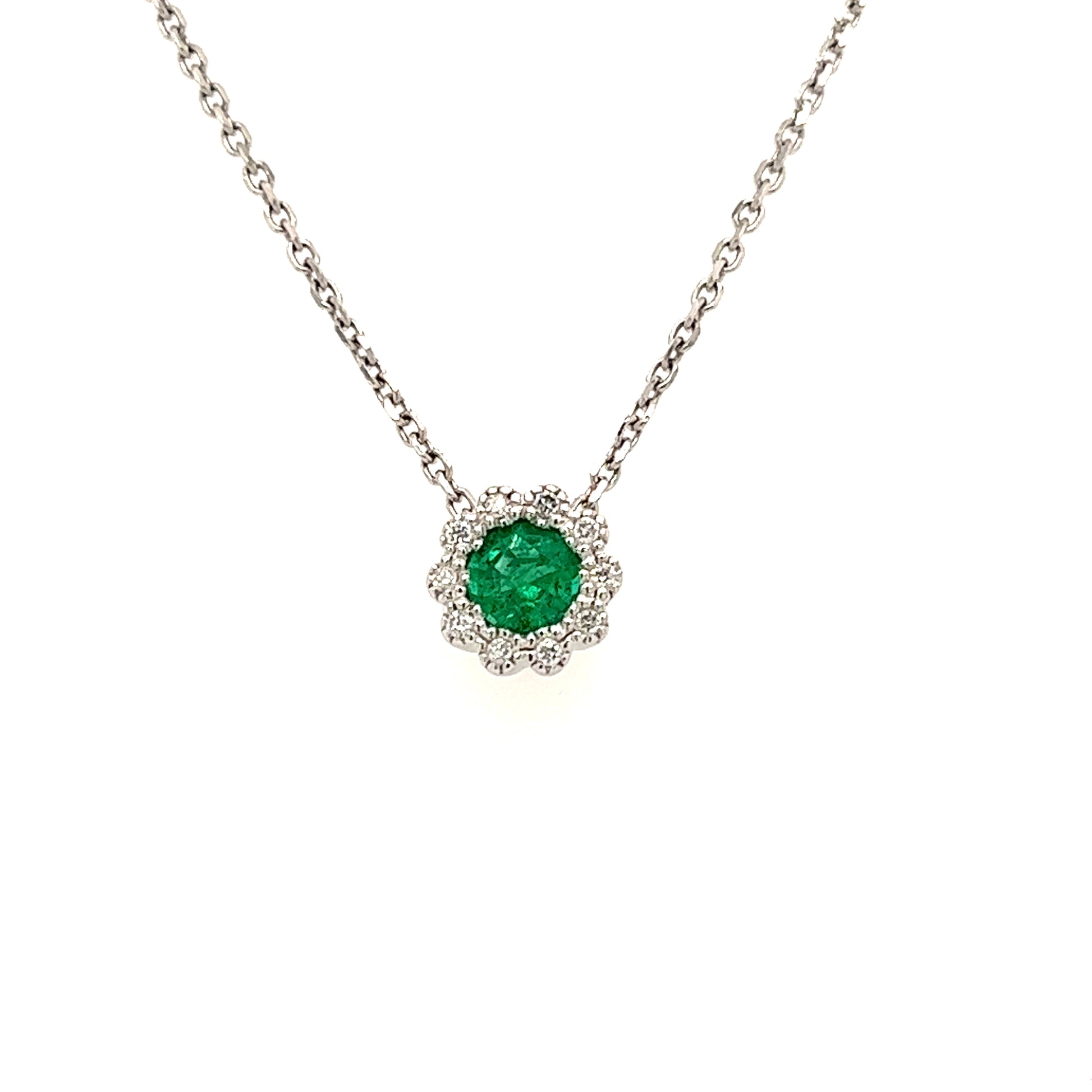 Floral Emerald Pendant with Diamond Halo in 14K White Gold Pendant and Chain Front View