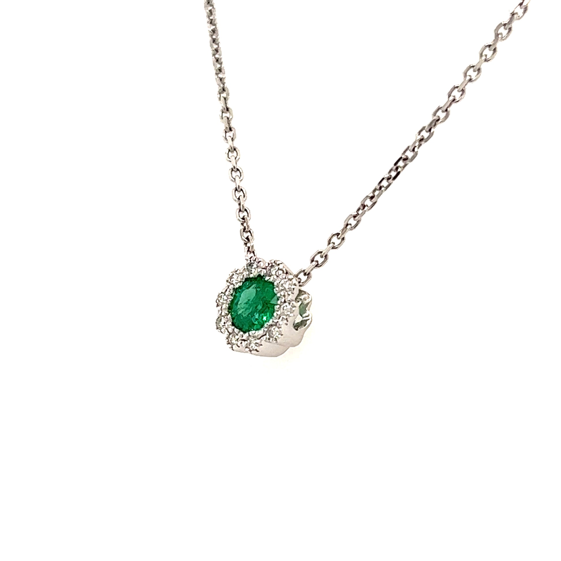 Floral Emerald Pendant with Diamond Halo in 14K White Gold Pendant and Chain Left Side View
