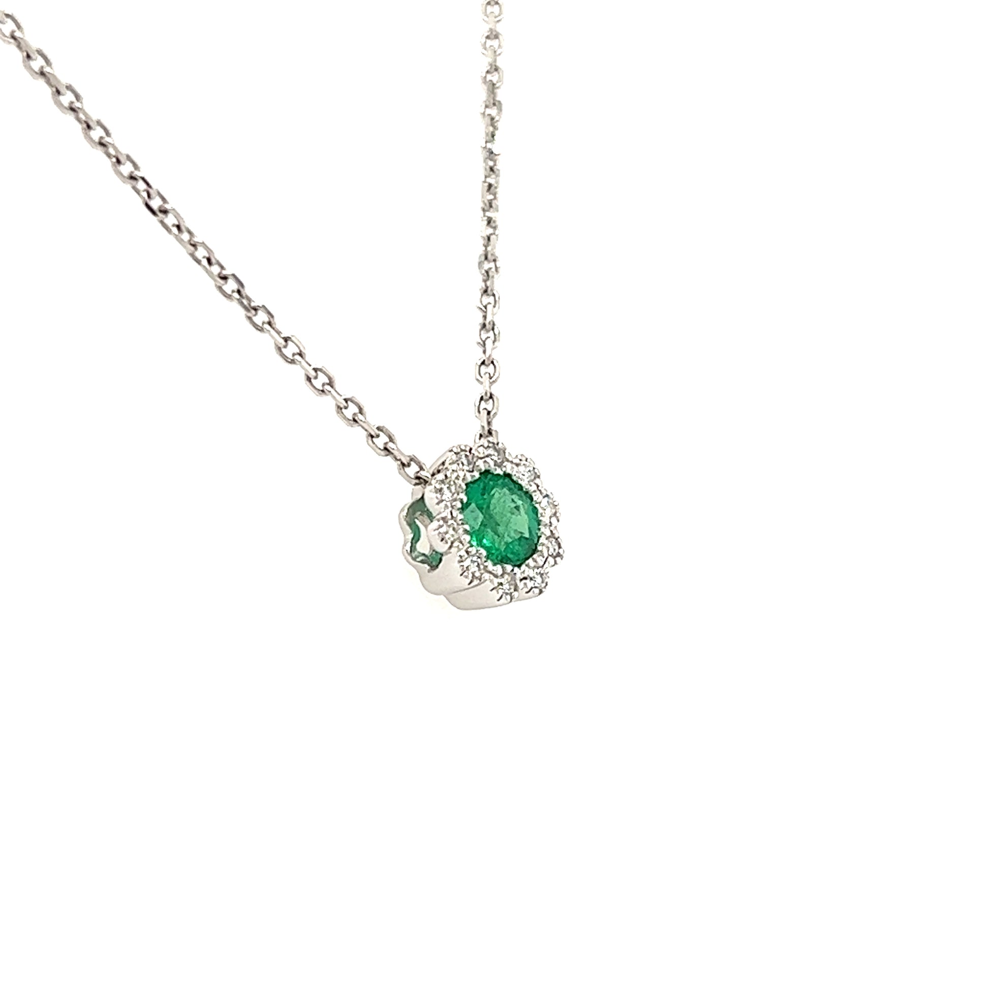 Floral Emerald Pendant with Diamond Halo in 14K White Gold Pendant and Chain Right Side