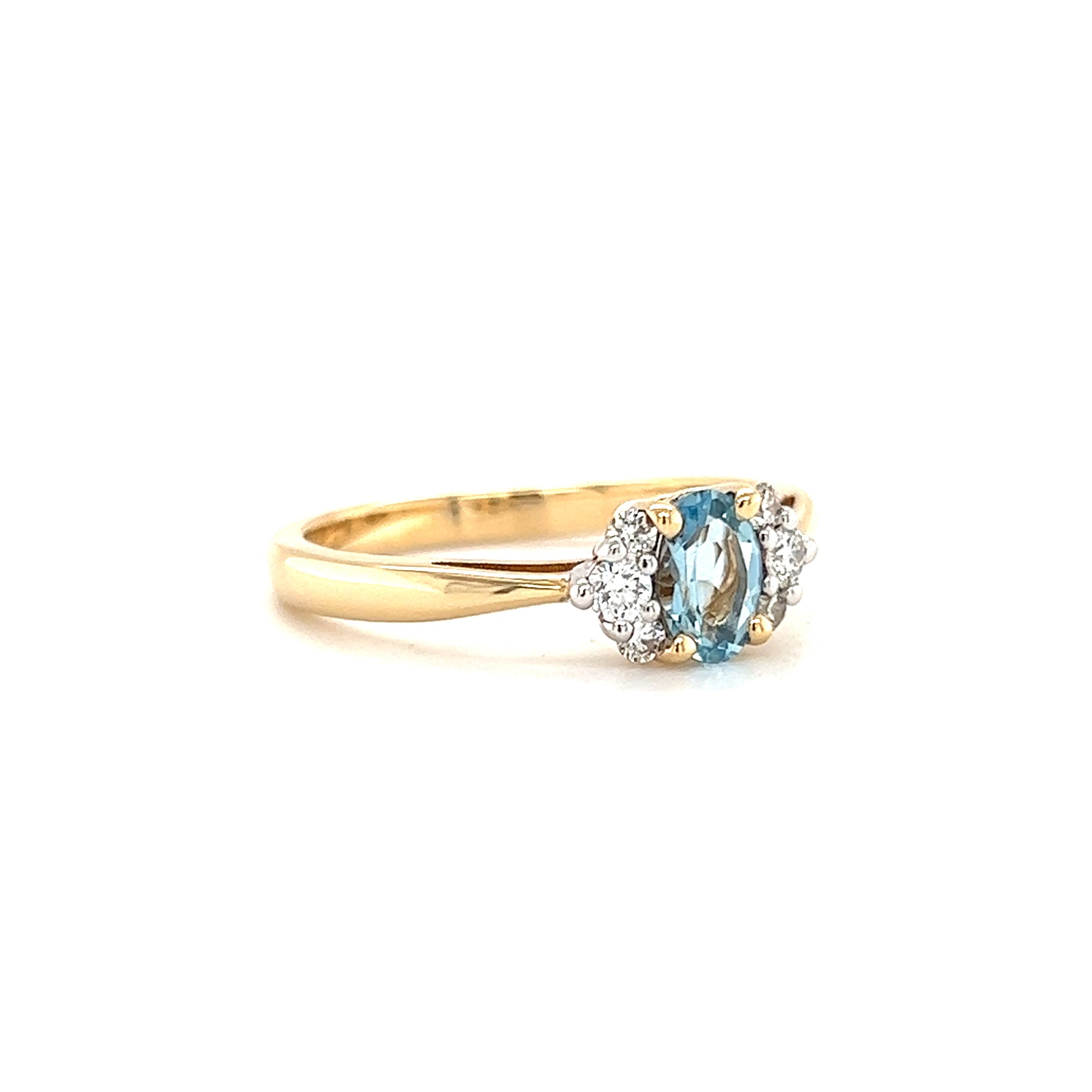 Oval Aquamarine Ring with Six Side Diamonds in 14K Yellow Gold Right Side View
