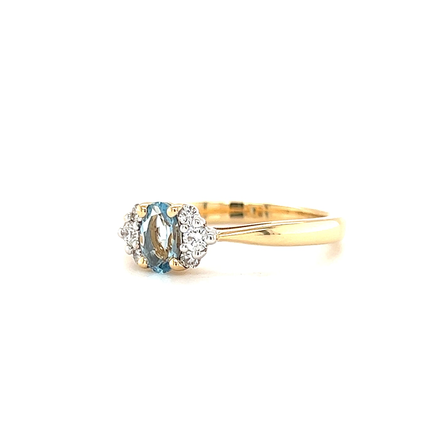 Oval Aquamarine Ring with Six Side Diamonds in 14K Yellow Gold Left Side View