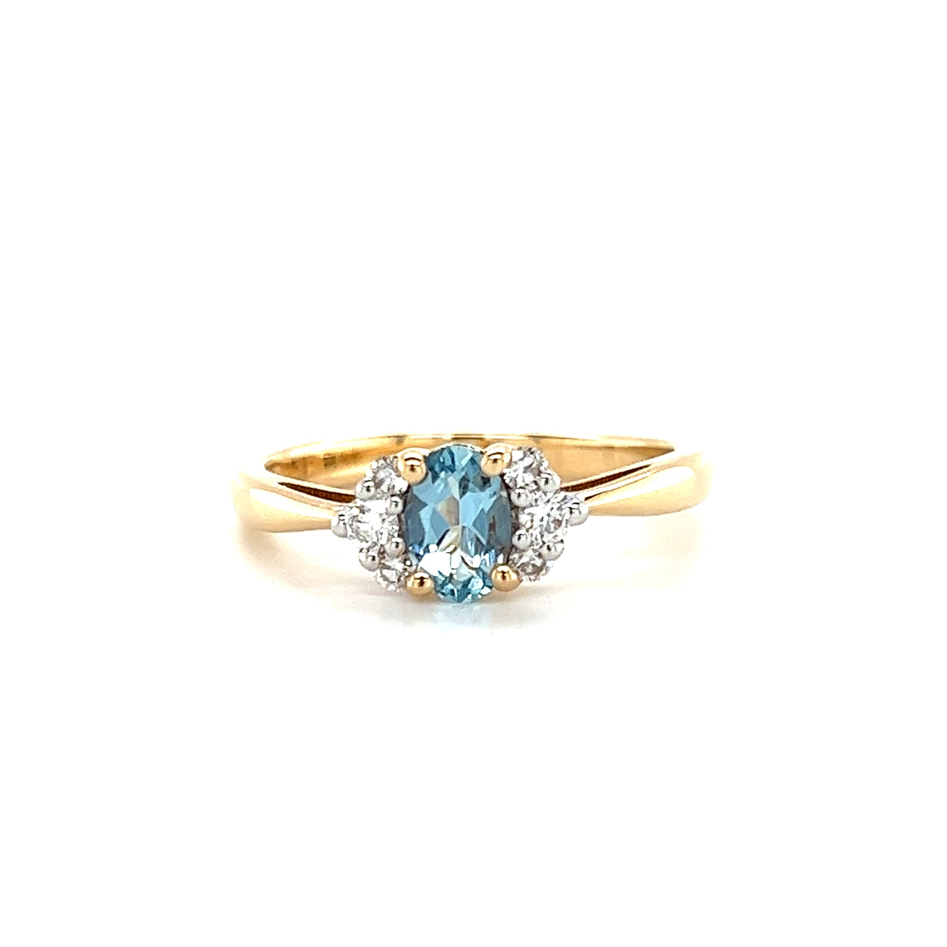 Oval Aquamarine Ring with Six Side Diamonds in 14K Yellow Gold Front View