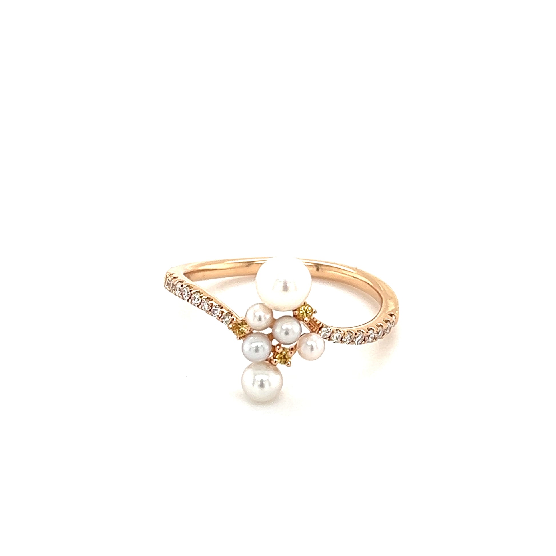 Bypass Pearl Ring with Side Yellow Sapphires and Diamonds in 18K Rose Gold Front View