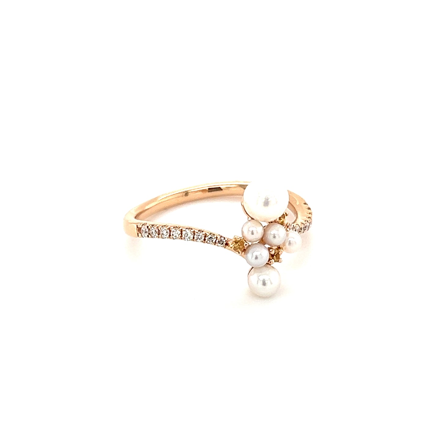 Bypass Pearl Ring with Side Yellow Sapphires and Diamonds in 18K Rose Gold Right Side View