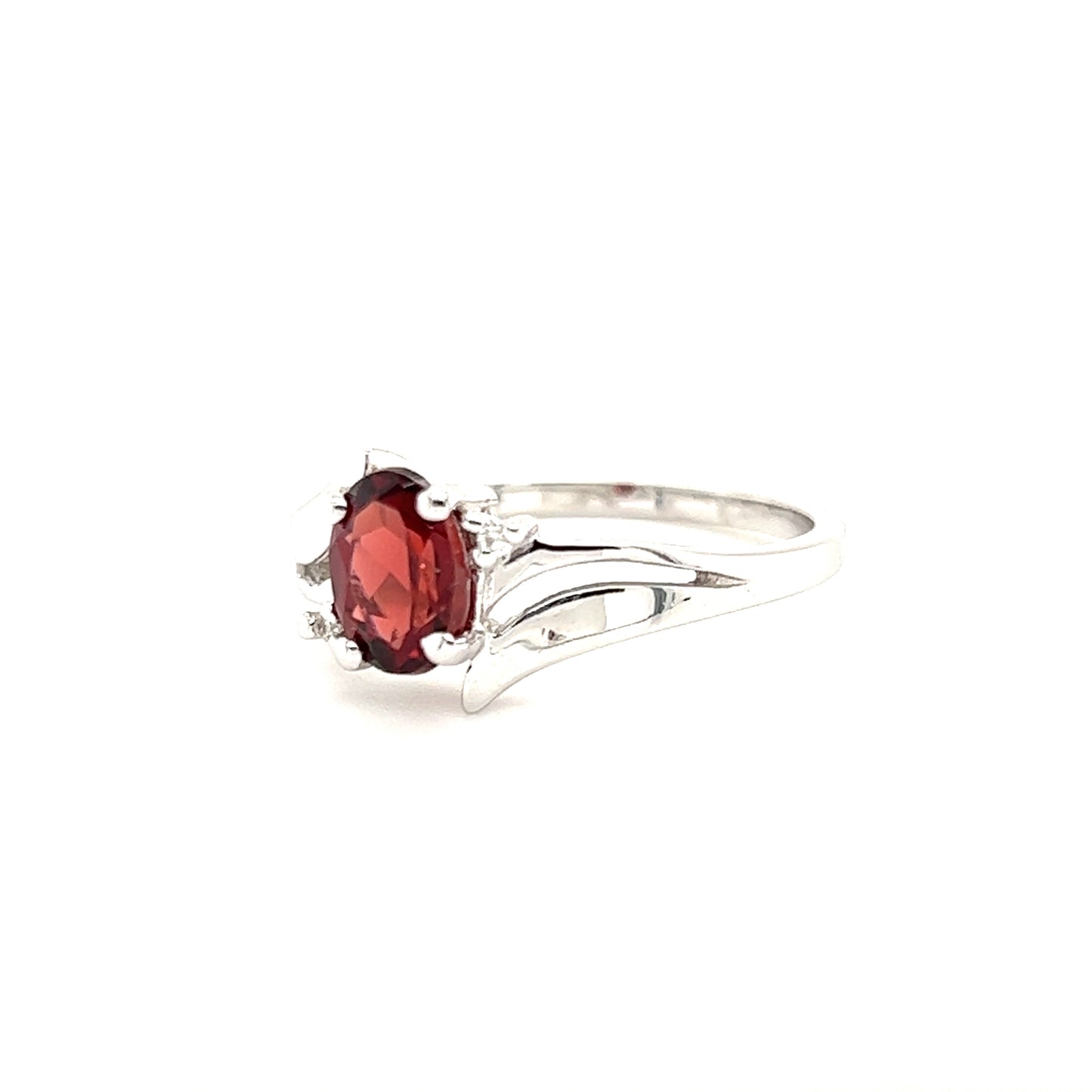 Bypass Oval Garnet Ring with Two Side Diamonds in 14K White Gold Left Side View