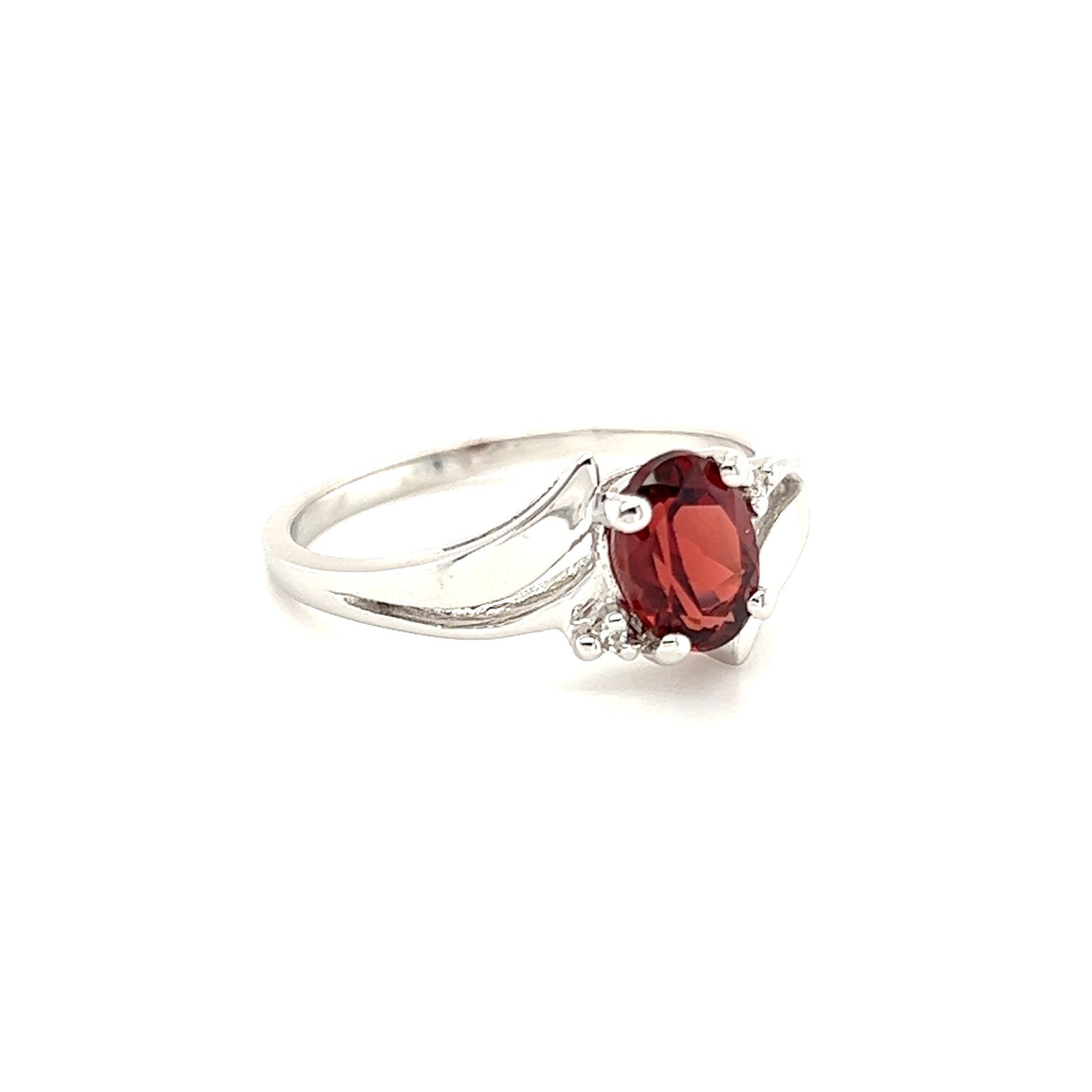 Bypass Oval Garnet Ring with Two Side Diamonds in 14K White Gold Right Side View