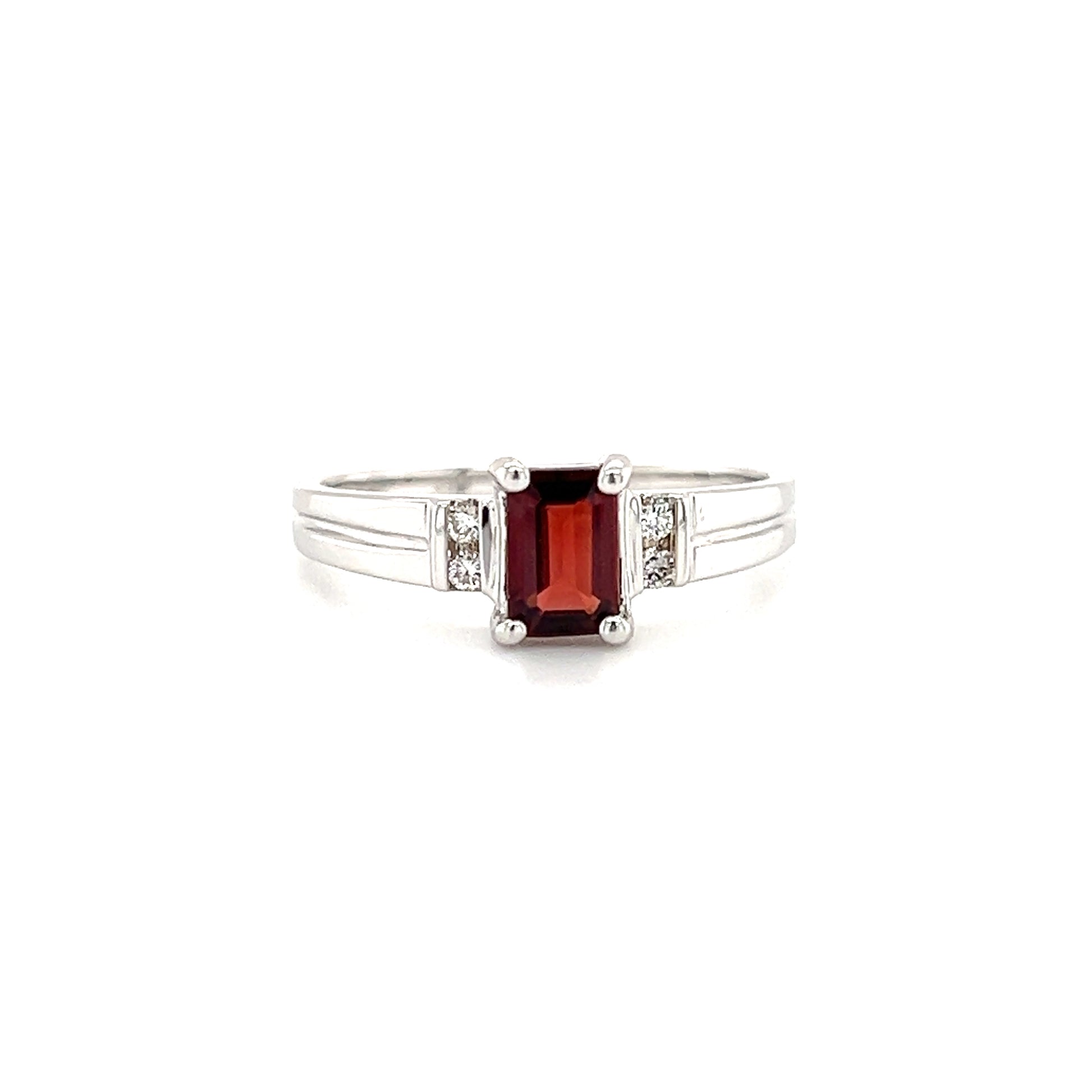 Baguette Garnet Ring with Four Side Diamonds in 14K White Gold Front View