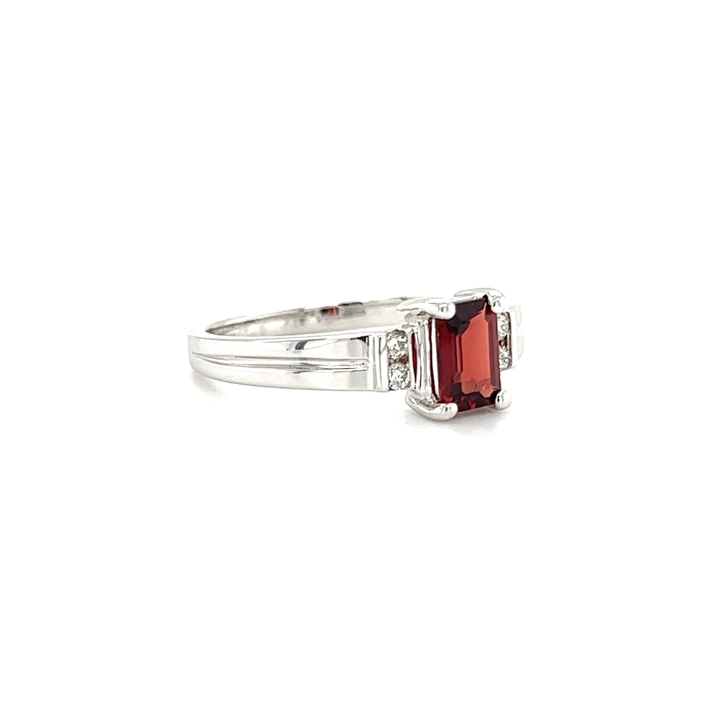 Baguette Garnet Ring with Four Side Diamonds in 14K White Gold Right Side View