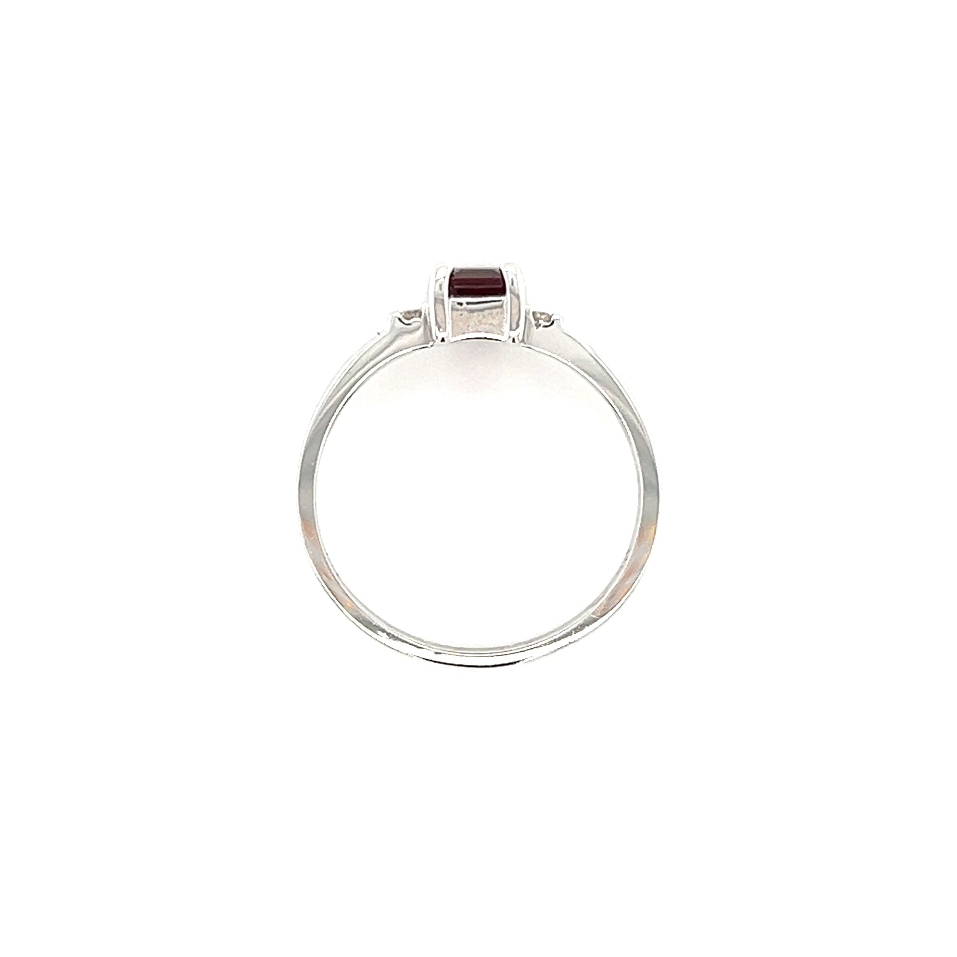 Baguette Garnet Ring with Four Side Diamonds in 14K White Gold Top View