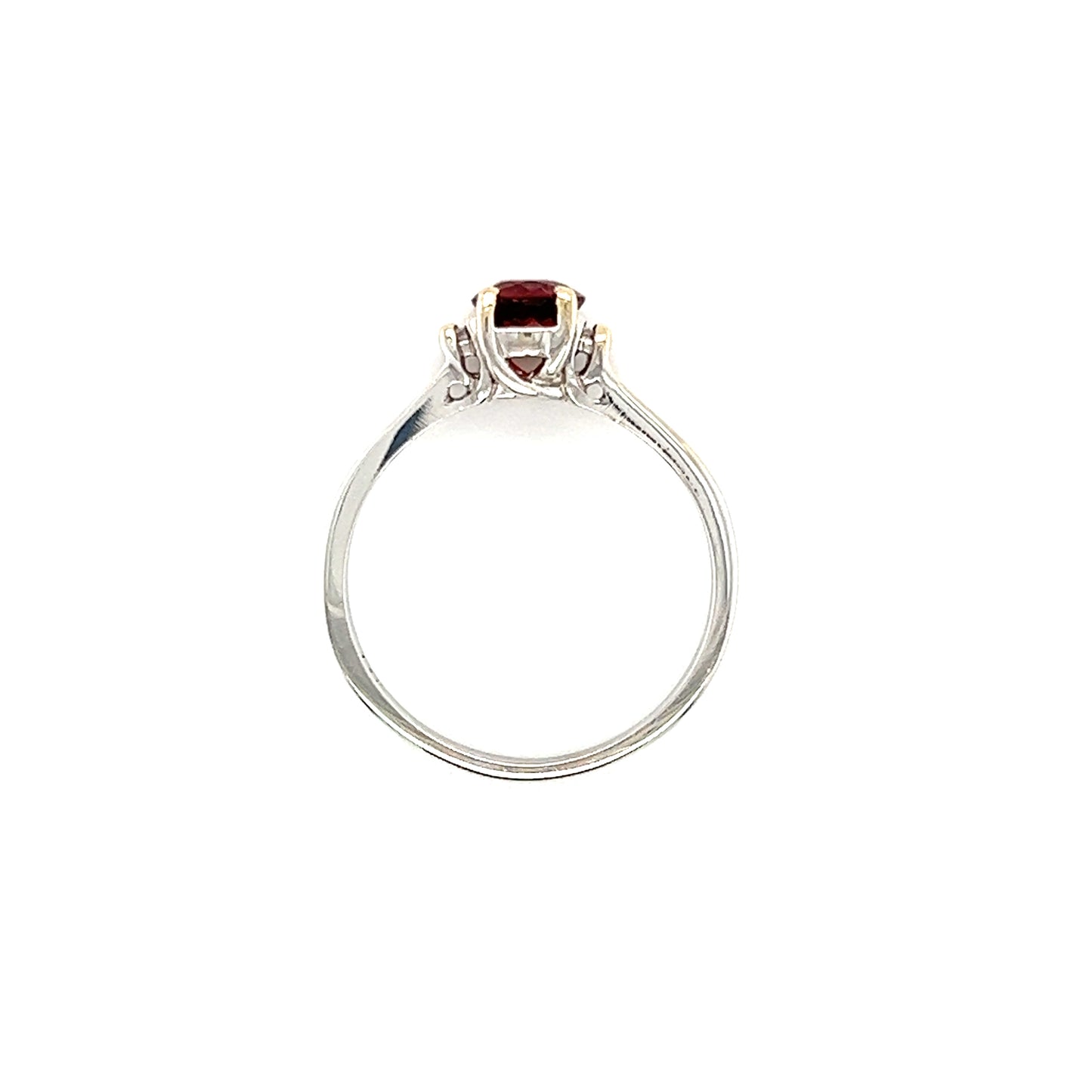 Round Garnet Ring with Two Side Round Diamonds in 14K White Gold Top View