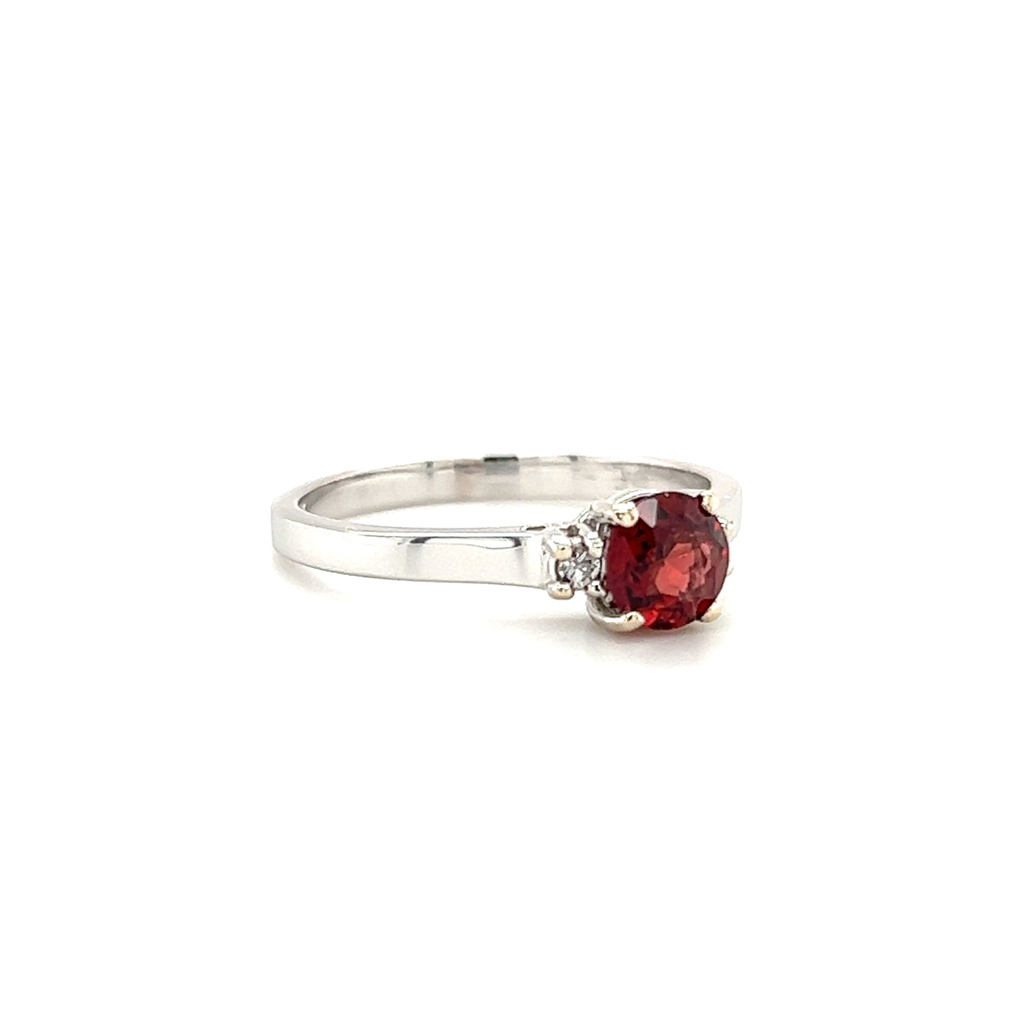 Round Garnet Ring with Two Side Round Diamonds in 14K White Gold Right Side View