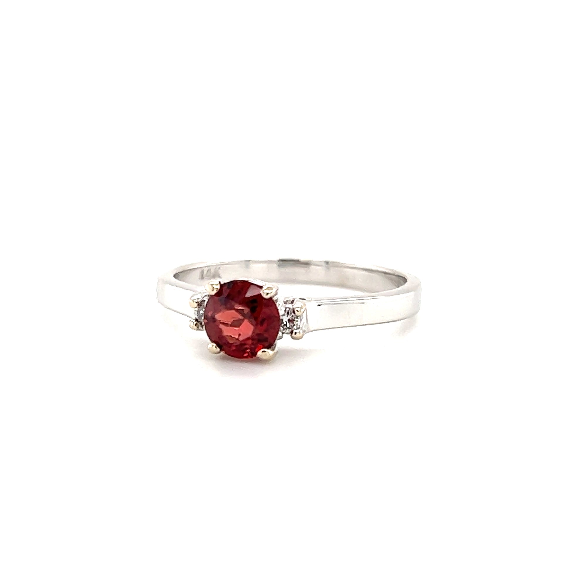 Round Garnet Ring with Two Side Round Diamonds in 14K White Gold Left Side View