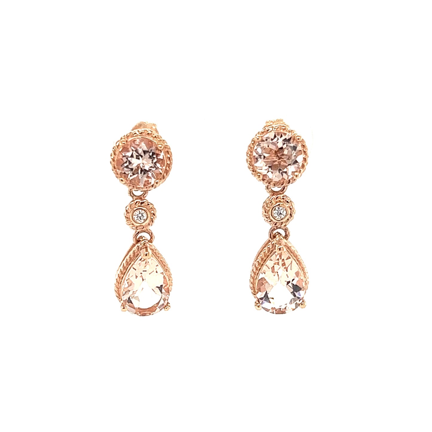 Morganite Dangle Earrings with a Round Bezel Diamond in 14K Rose Gold Front View