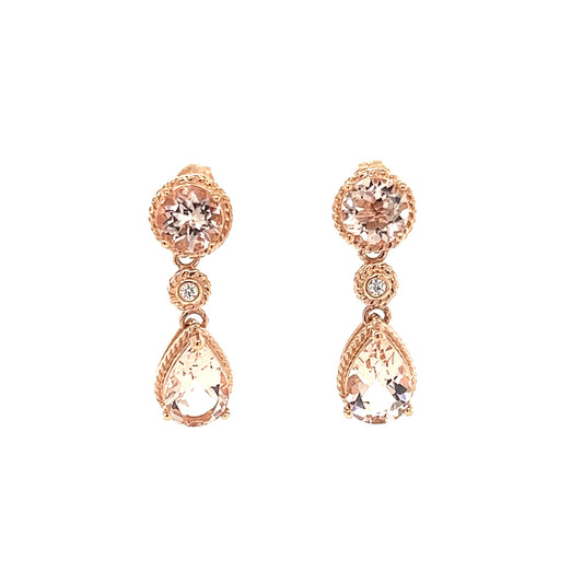 Morganite Dangle Earrings with a Round Bezel Diamond in 14K Rose Gold Front View