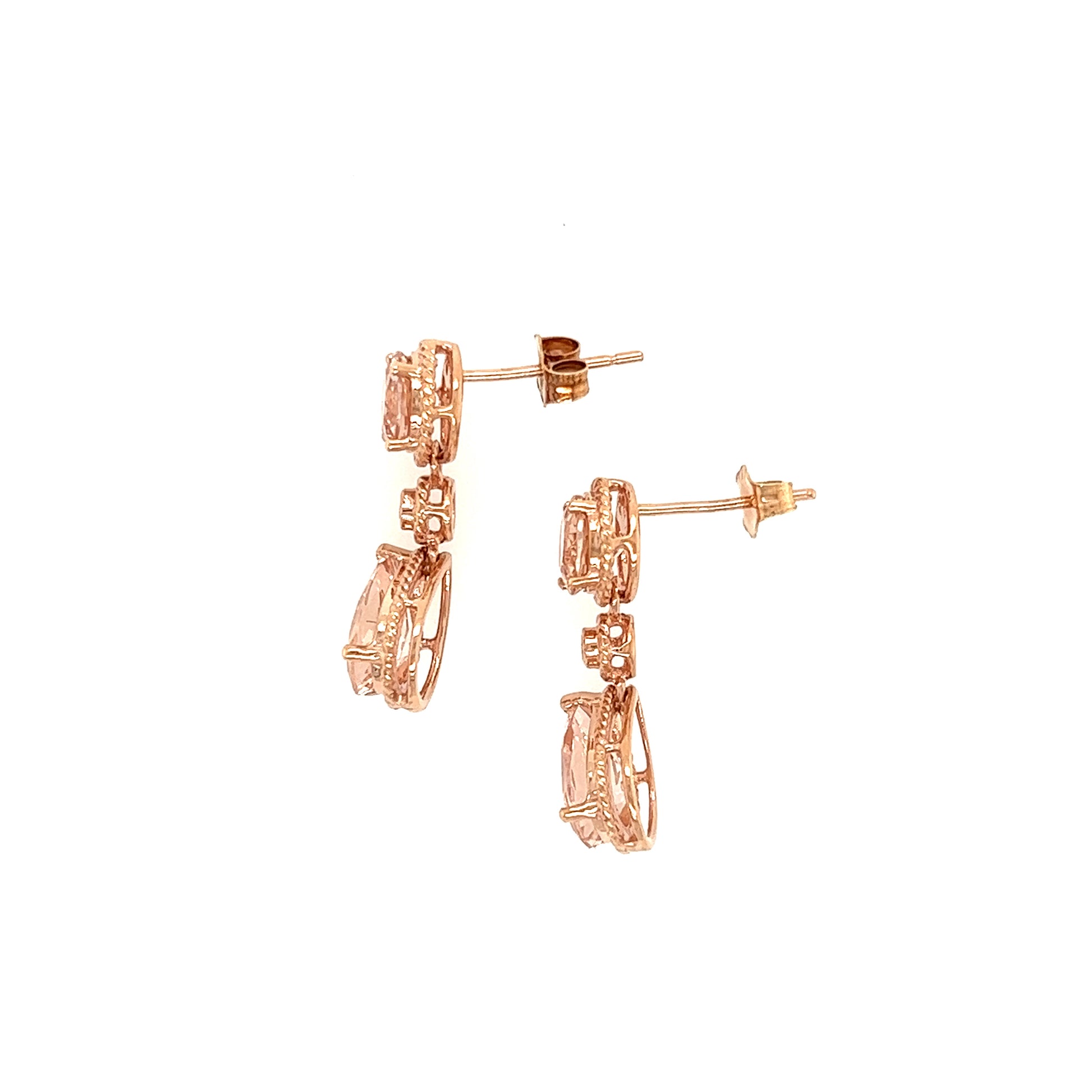 Morganite Dangle Earrings with a Round Bezel Diamond in 14K Rose Gold Top Side View