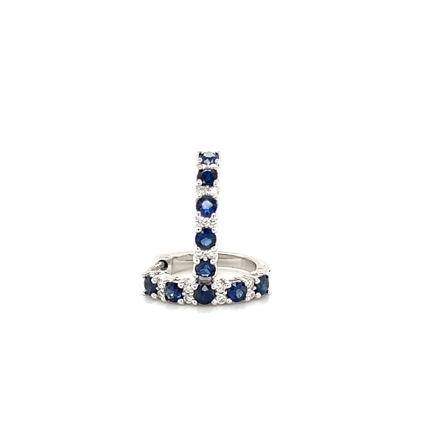 Sapphire Hoop Earrings with Eight Round Diamonds in 14K White Gold Front View