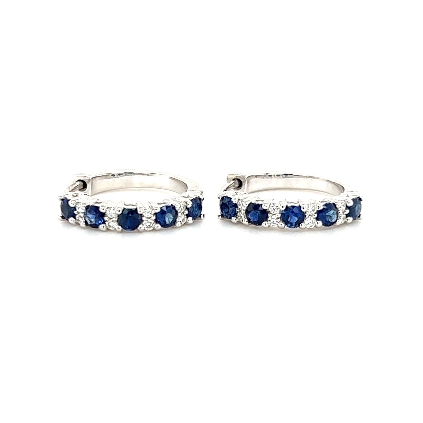 Sapphire Hoop Earrings with Eight Round Diamonds in 14K White Gold Front Flat View