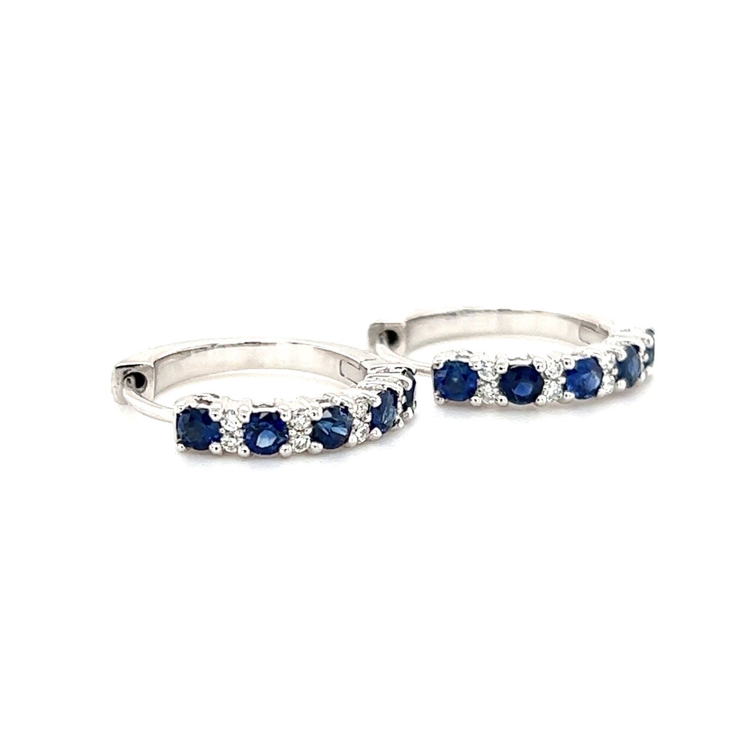 Sapphire Hoop Earrings with Eight Round Diamonds in 14K White Gold Right Side View